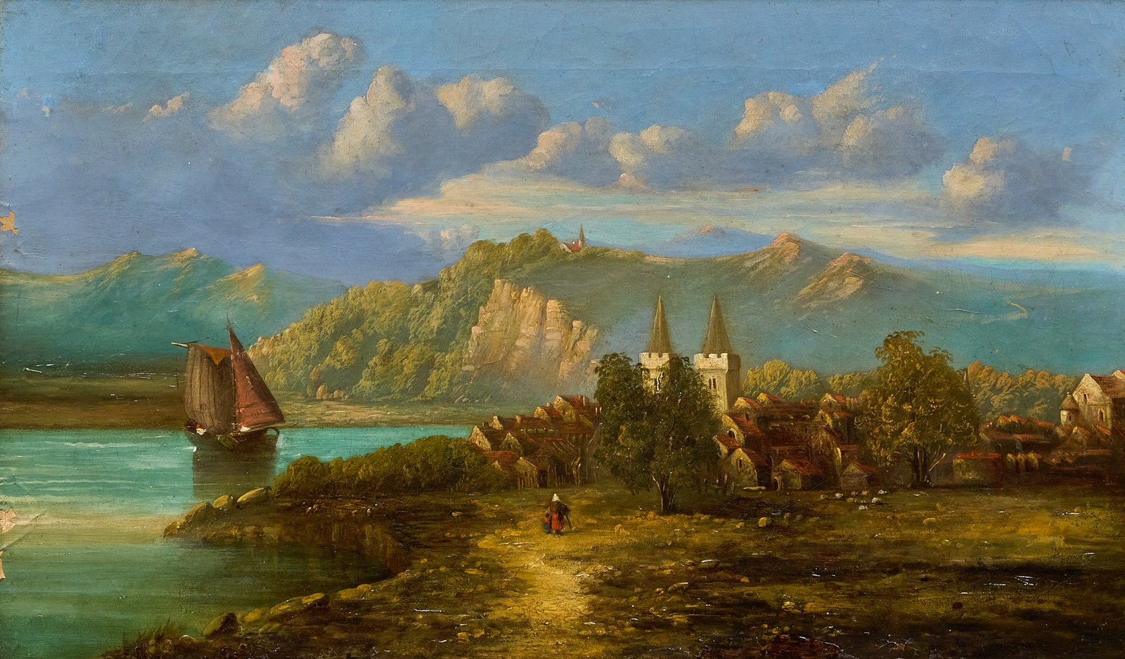 Red McCombs | Early European Coastal Scene: European coastal scene with distant mountains, oil on canvas, appears not signed, some craquelure and lifting paint commensurate with age sight: 18 x 30 in., frame: 25.5 x 37.5 in. Provenanc