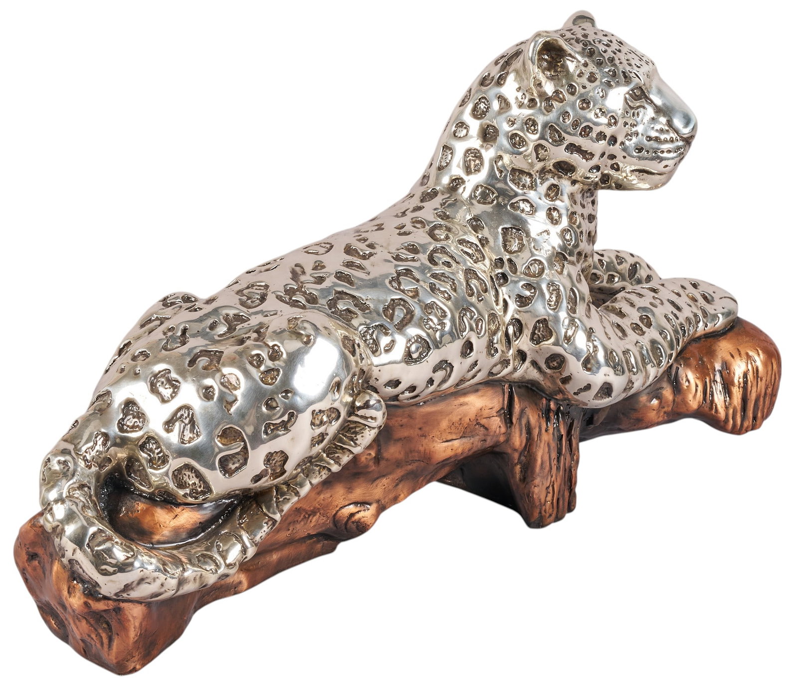 Red McCombs | Silver Finished Leopard Sculpture: Ricardo del Rio (Mexico, b. 1961) for D'Argenta, limited edition silver-plated leopard sculpture on copper-finished branch base, limited edition of 75/500, retaining original maker's label hei