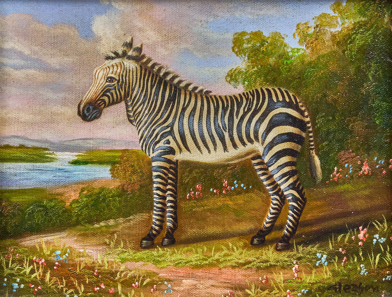 Red McCombs | Antique Style Zebra Painting: Antique style decorative zebra painting, oil on canvas, signed Gleason at lower right, circa late 21st century, in ornamental frame sight: 8 x 10 in., frame: 16.5 x 18.5 in. Provenance: Property from 