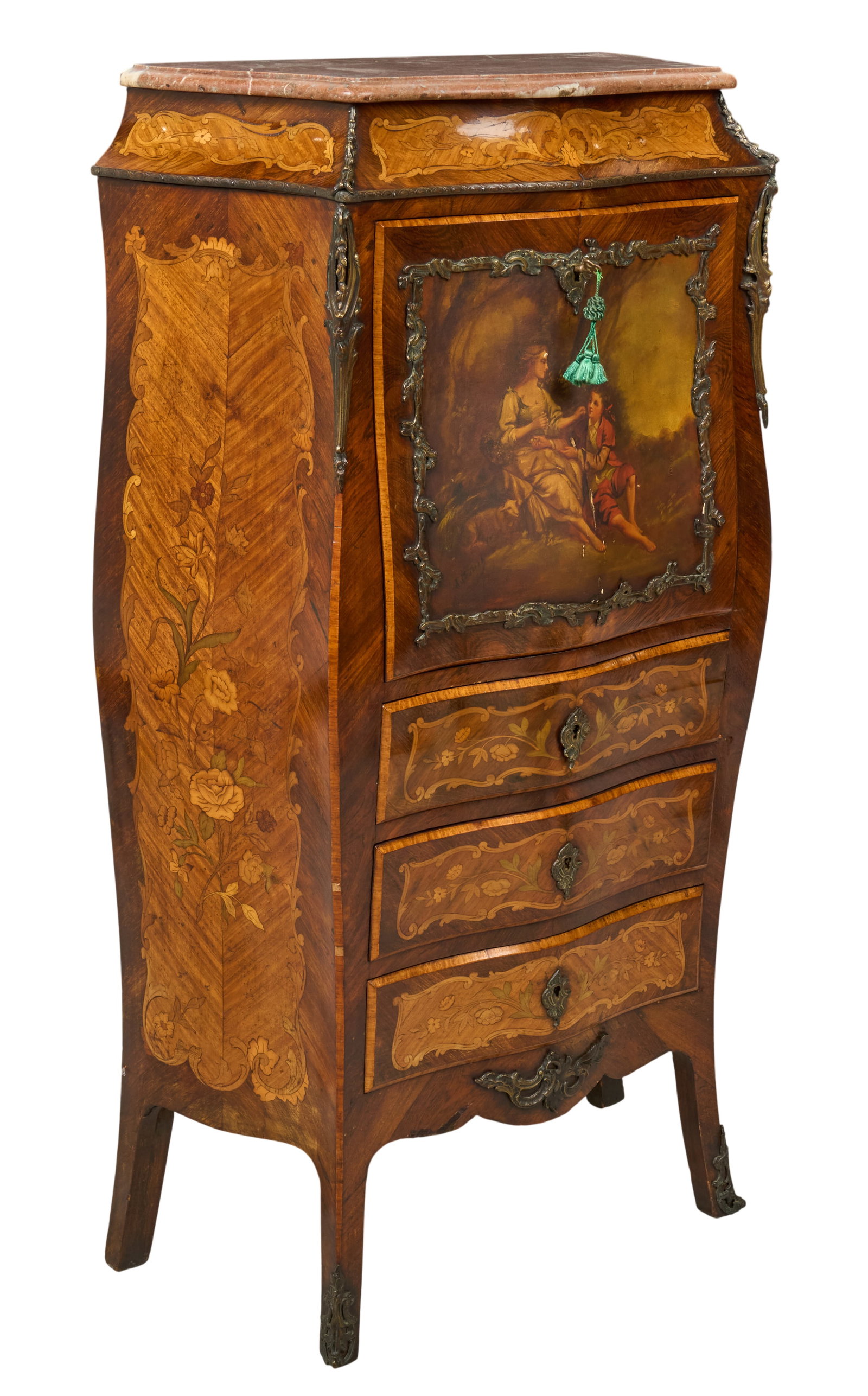 Red McCombs | Louis XV Secretaire a Abattant: French Louis XV style marquetry secrétaire à abattant, bombe form case, extensively inlaid floral, foliate and rocaille decoration, fall front centered by painted scene, fitted