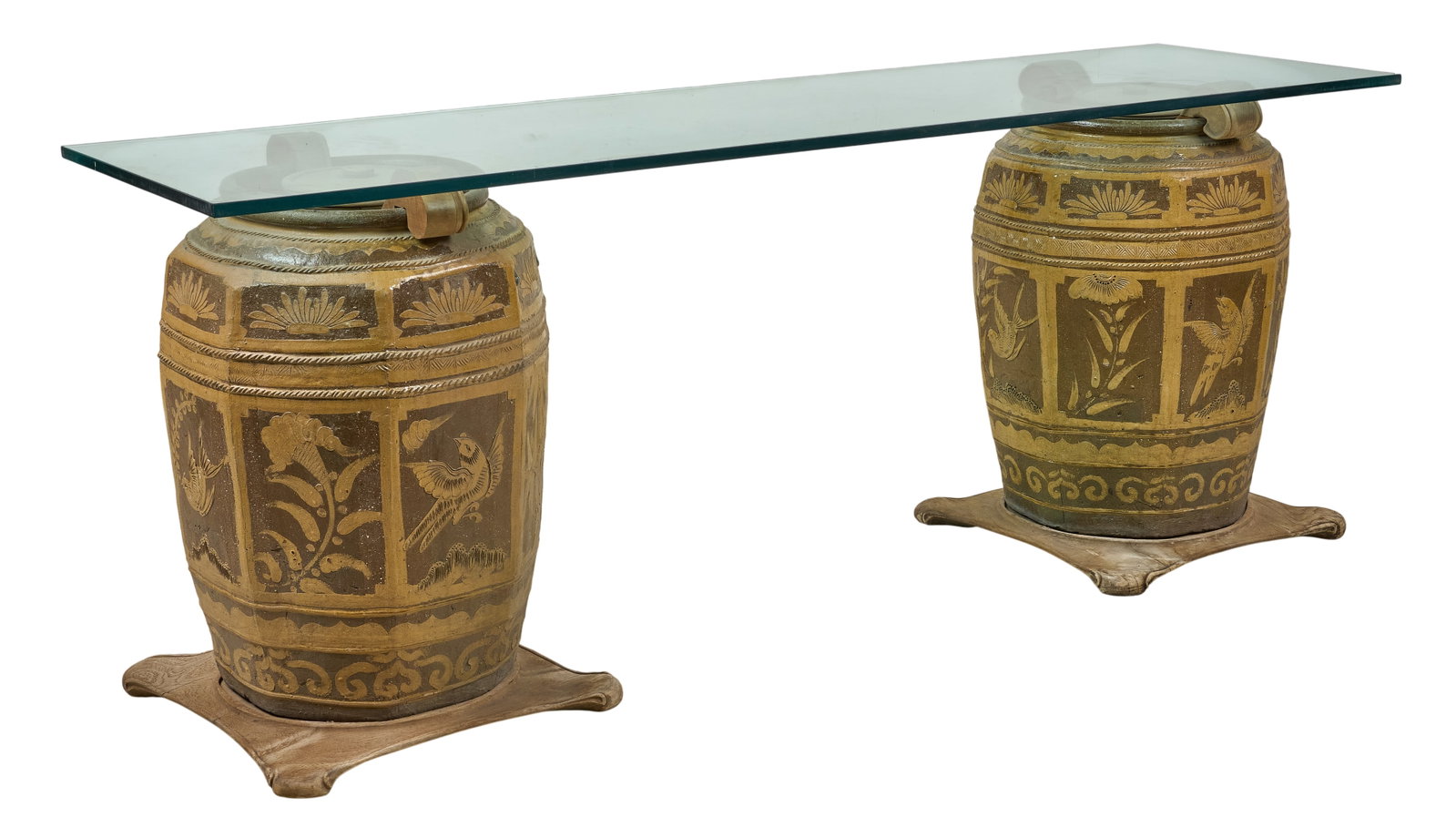 Red McCombs | Chinese Egg Jar Table: Glass top entry table supported by pair of Chinese earthenware egg jars, yellow glaze with hand-painted bird, floral, and bamboo motifs, and looped handles, late 19th century height 30 in. x