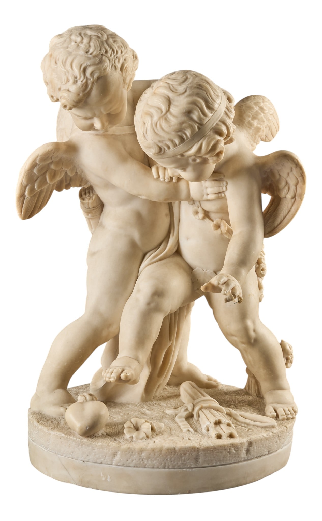 Red McCombs | E. Ferrari, "Bataille d'Amour": Hand-carved marble sculpture depicting "Bataille d'Amour" (Battle of Love), after Etienne Maurice Falconet (France, 1716-1791), signed E. Ferrari height 24 in. x width 18 in. x depth 16 