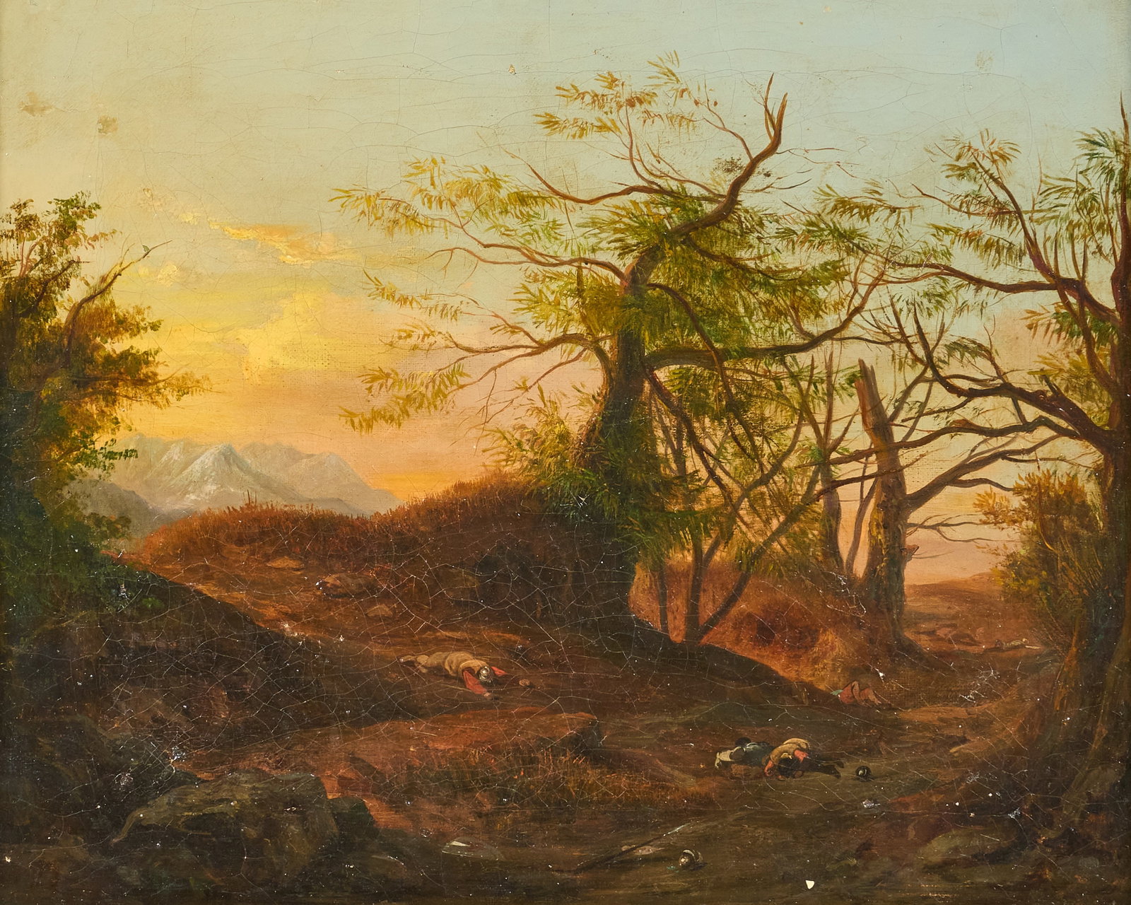 Red McCombs | Early Landscape Painting: Early landscape with figures in a valley, oil on canvas laid to panel, appears not signed, with brass plaque attributing work to I. Gray (1800-1865) sight: 11.5 x 14 in., frame: 18.5 x 