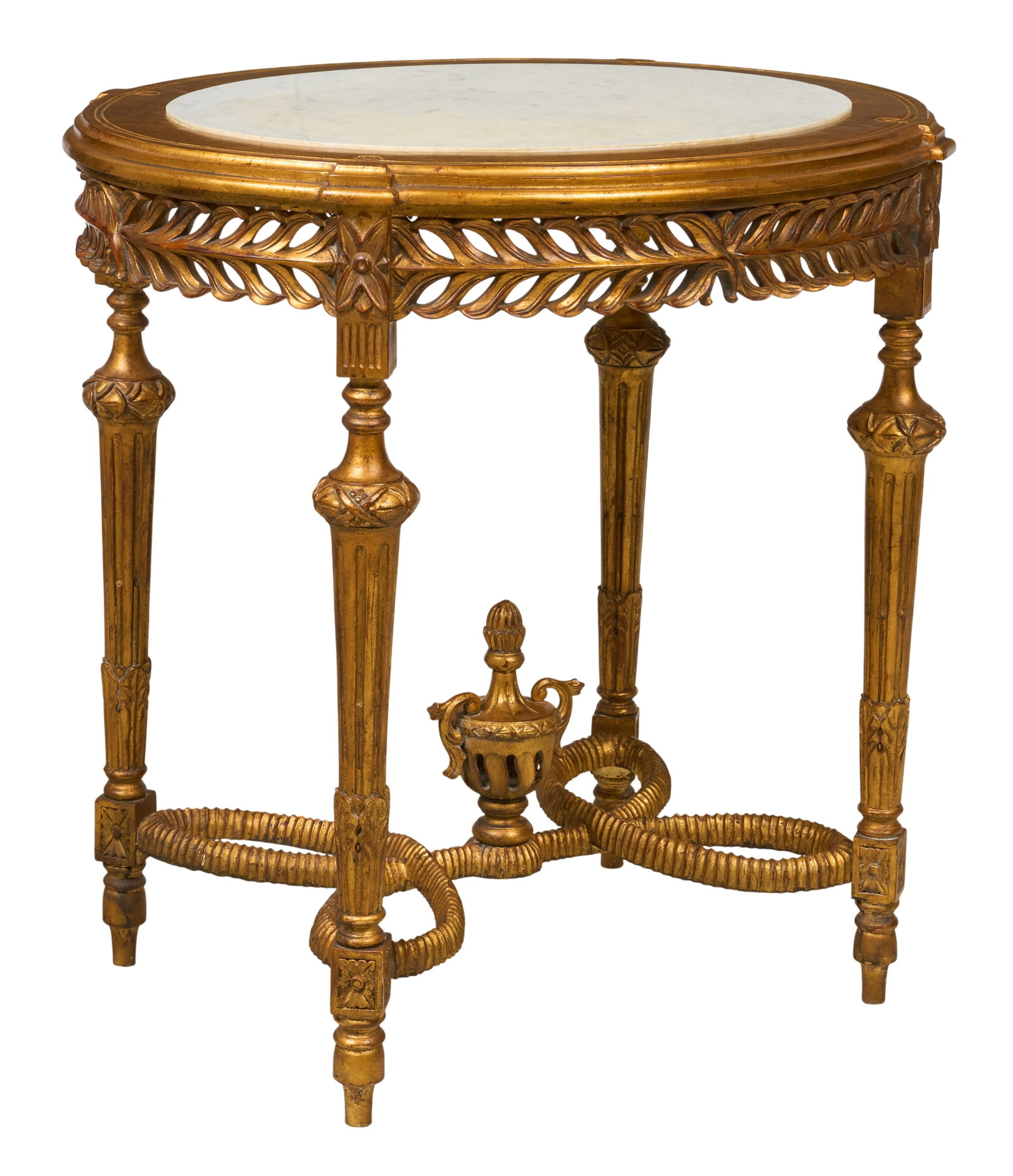 Red McCombs | Louis XVI Style Center Table: Harrison & Gil for Dauphine carved giltwood occasional table, in the style of Louis XVI, with oval white marble insert, ribbon stretchers centered by carved urn height 35 in. x width 34 