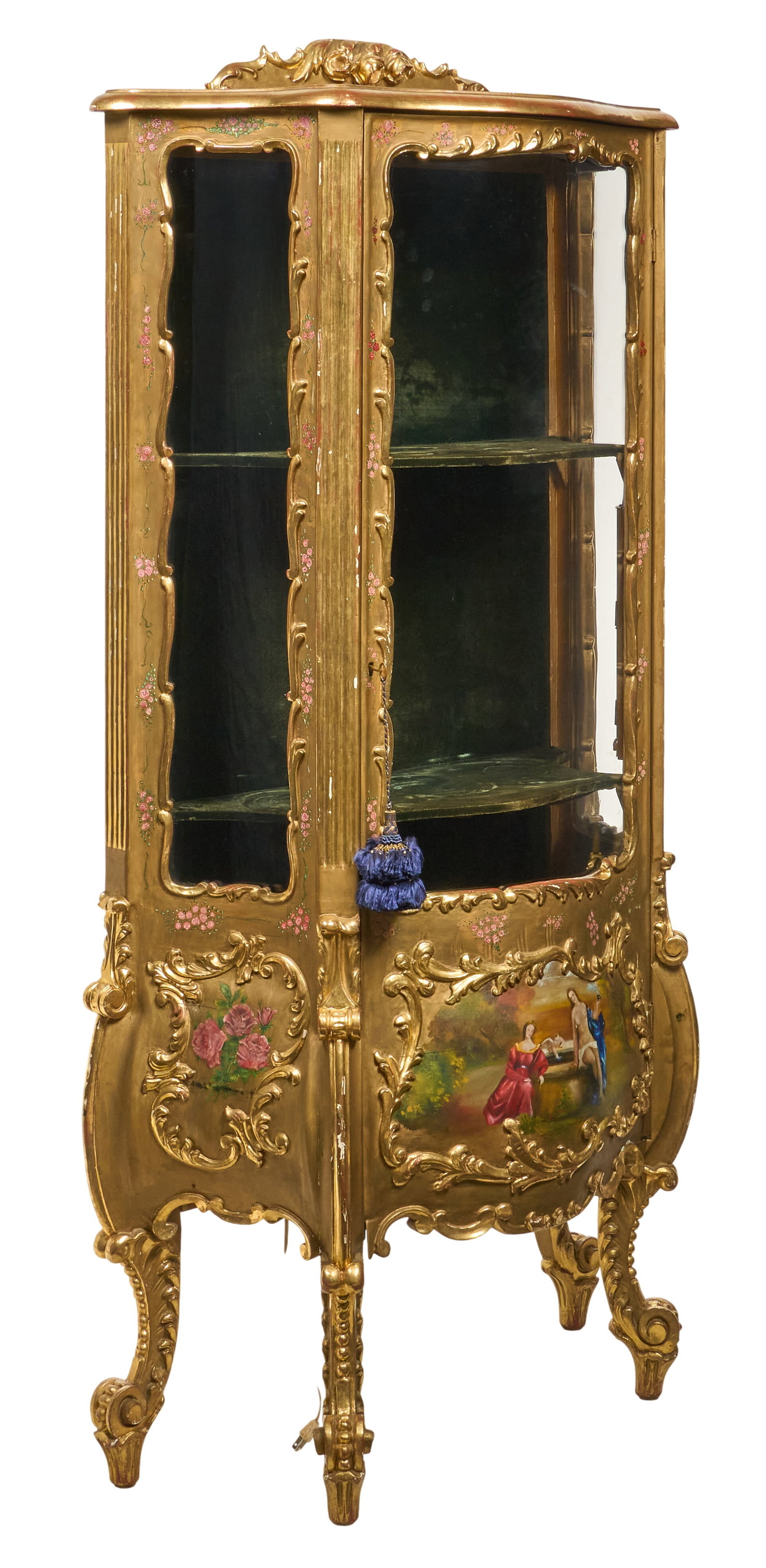 Red McCombs | Louis XV Vitrine: French Louis XV style giltwood vitrine, shaped case with carved rocaille crest, decorated throughout with handpainted floral sprays and Vernis Martin panels of idyllic scenes, late 19th