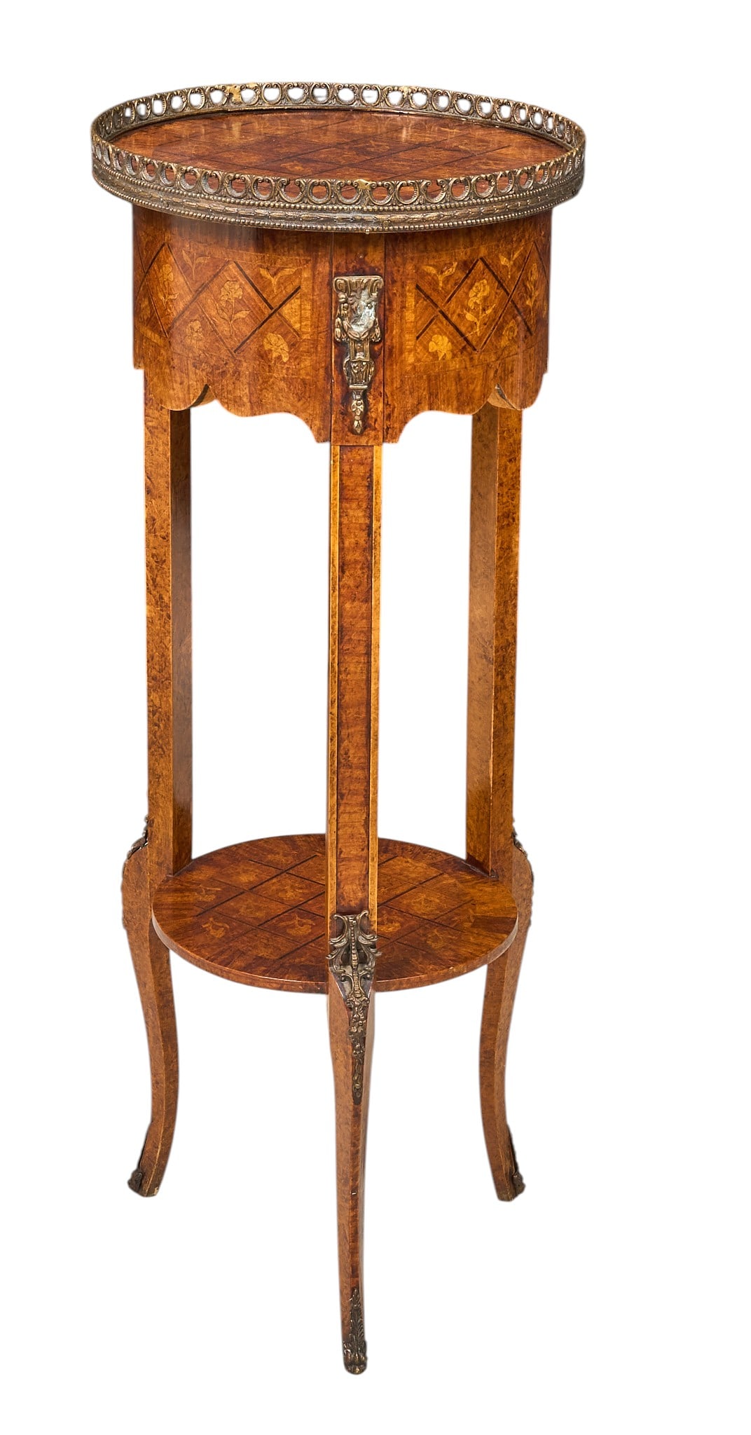 Red McCombs | Louis XVI Jardiniere Stand: French Louis XVI marquetry gueridon / jardiniere stand, parquetry and floral marquetry, pierced gilt bronze gallery, ormolu mounts, marquetry shelf height 35.5 in. x diameter 13.5 in. 