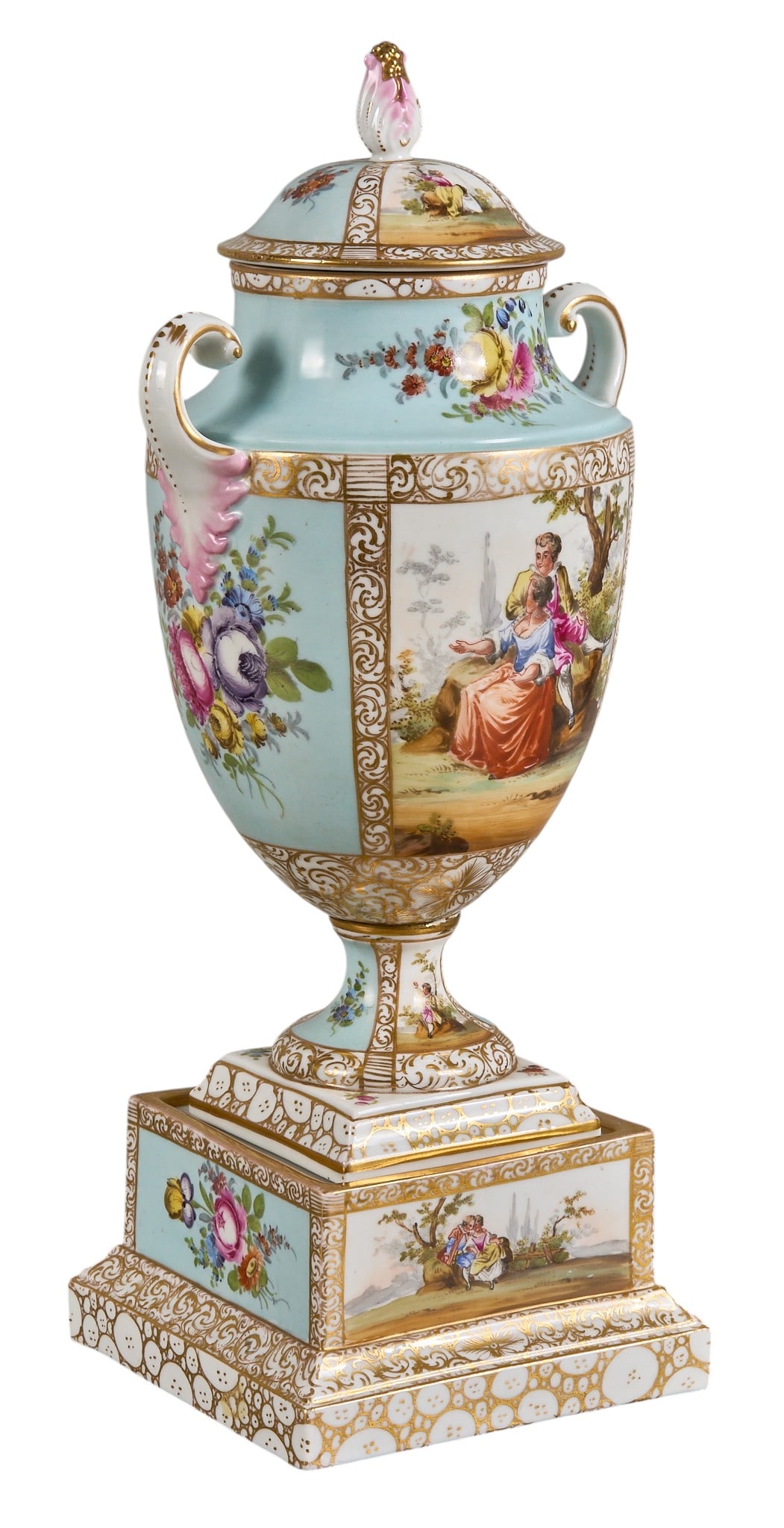 Red McCombs | Dresden Porcelain Covered Urn: R. Grossbaum & Sons Dresden fully decorated porcelain covered urn, circa 1900, pale blue ground with hand-painted courting scenes and floral bouquets, extensive gilt scrollwork, applied handles,