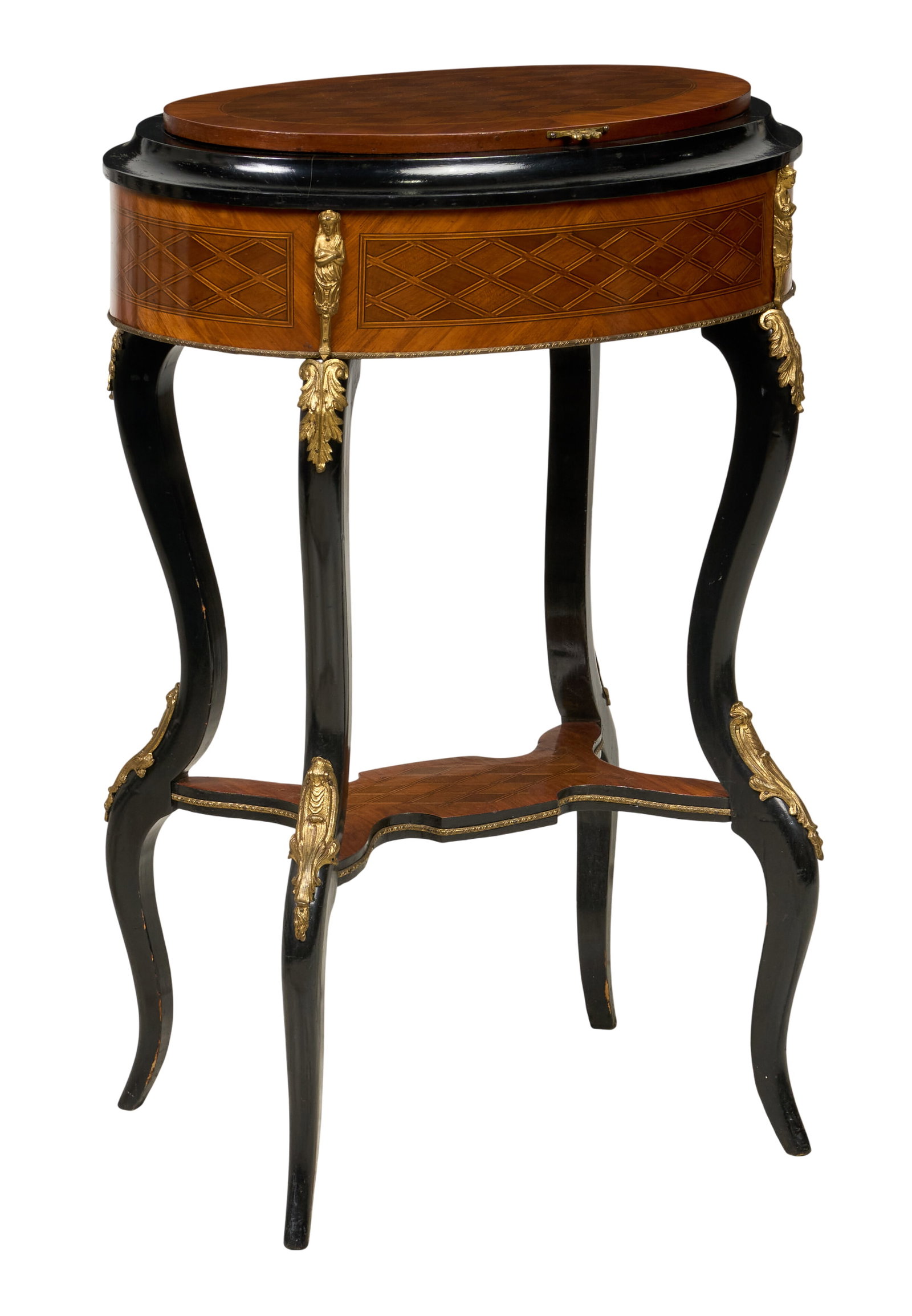 Red McCombs | Napoleon III Jardiniere: French Napoleon III marquetry, ebonized and gilt metal mounted jardiniere, oval hinged marquetry cover, fabric lined well, geometric marquetry, shaped undertier, 19th century height 32 in. x width 17