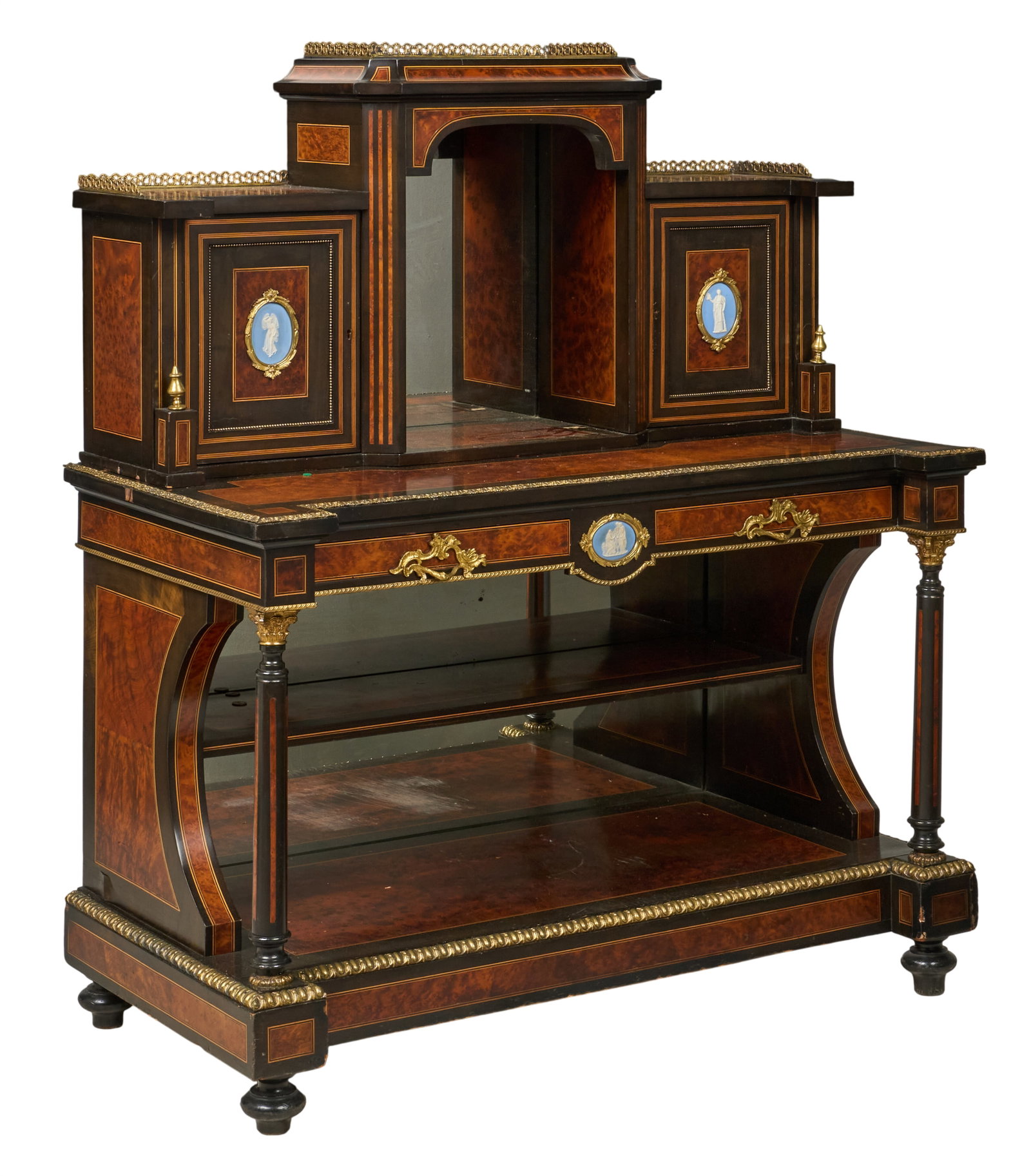 Red McCombs | Victorian Cabinet Etagere: Victorian porcelain-mounted amboyna and ebonized diminutive cabinet etagere, stepped centered by mirrored recess, cabinet doors inset with blue-ground jasperware relief porcelain plaques, gilt