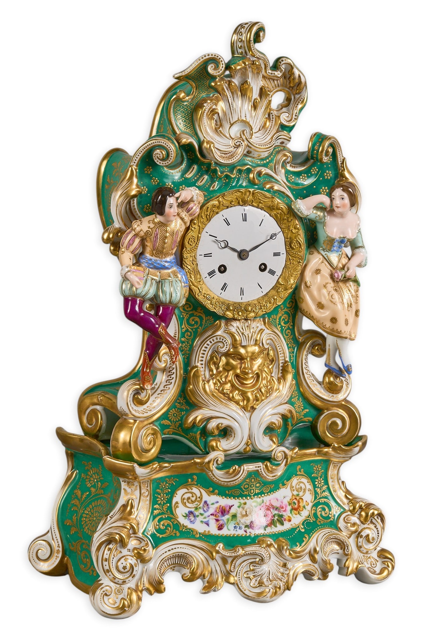 Red McCombs | Old Paris Porcelain Figural Mantel Clock: French Old Paris porcelain mantel clock, mid-19th century, after Jacob Petit, elaborate molded case with emerald green ground, extensive gilt and white rocaille decoration, polychrome figures,