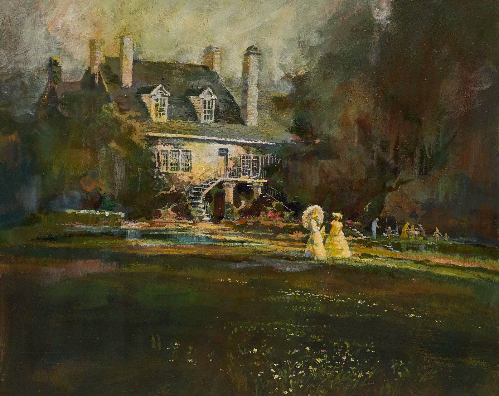Red McCombs | Finis Collins, Stately Home Scene: Finis Collins (Texas, 1929-2024), stately home scene, likely a personal commission of a San Antonio home, oil on panel, signed lower left sight: 24 x 30 in., frame: 30 x 36 in. Provenance: Property