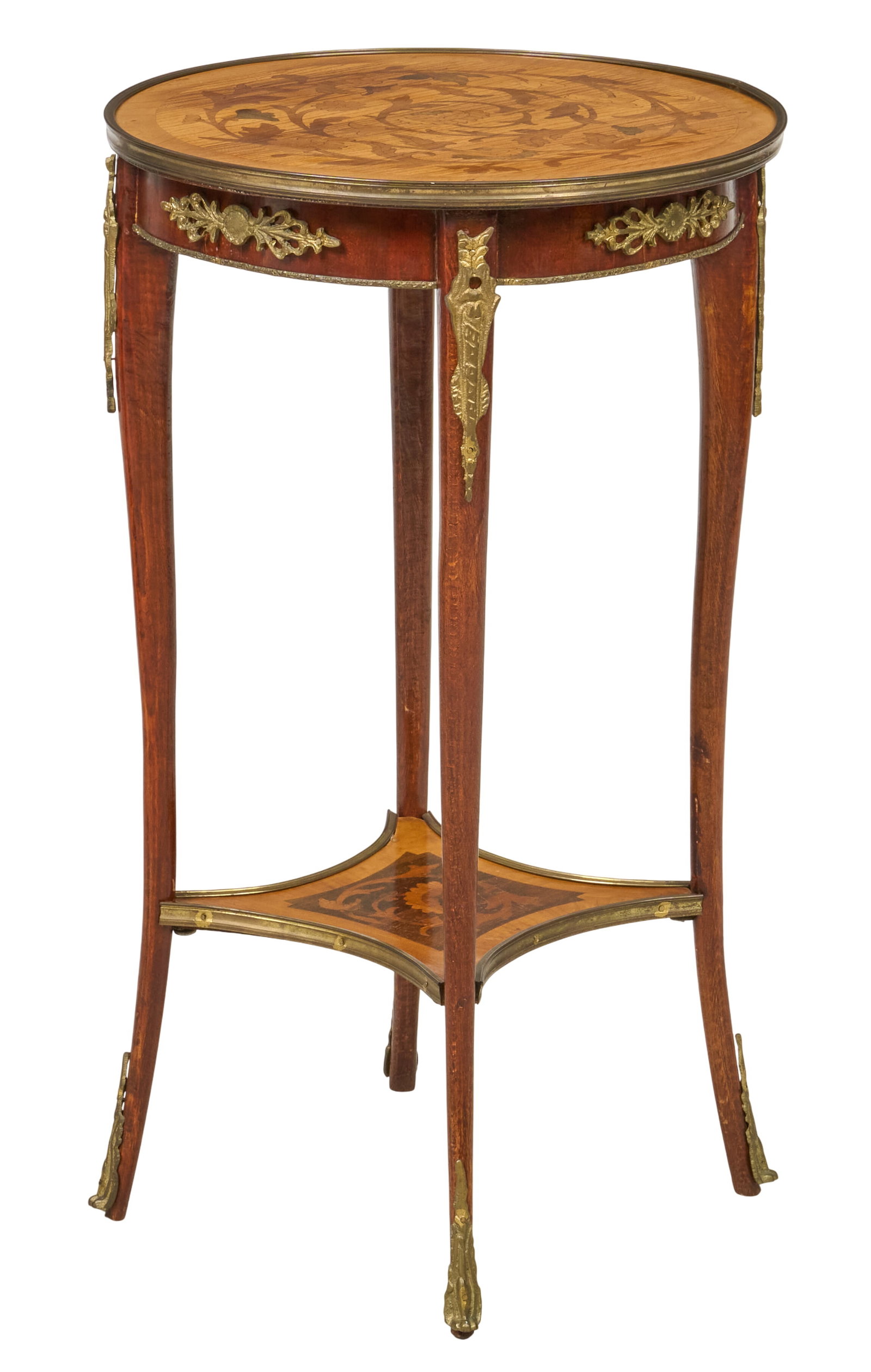 Red McCombs | Louis XVI Jardiniere Stand: French Louis XVI style marquetry gueridon, floral marquetry decoration, tapering legs, gilt mounts height 27.5 in. x width 16 in. x depth 16 in. Provenance: Property from the personal estate
