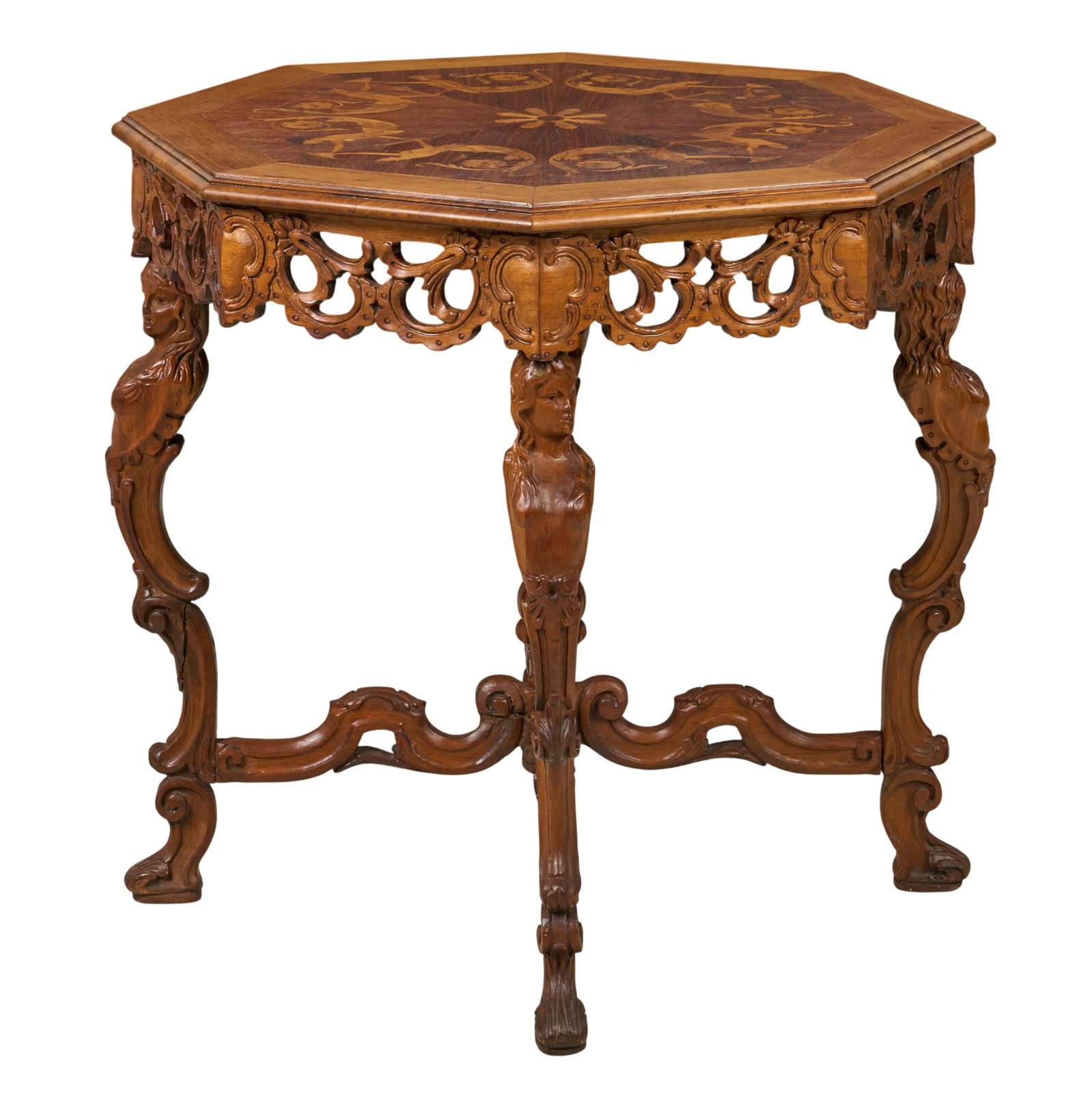 Red McCombs | Italian Renaissance Revival Table: Italian Renaissance Revival mixed-wood center table, octagonal top with elaborate classical figural and foliate marquetry decoration, pierced and carved apron, late 19th/early 20th century height 30