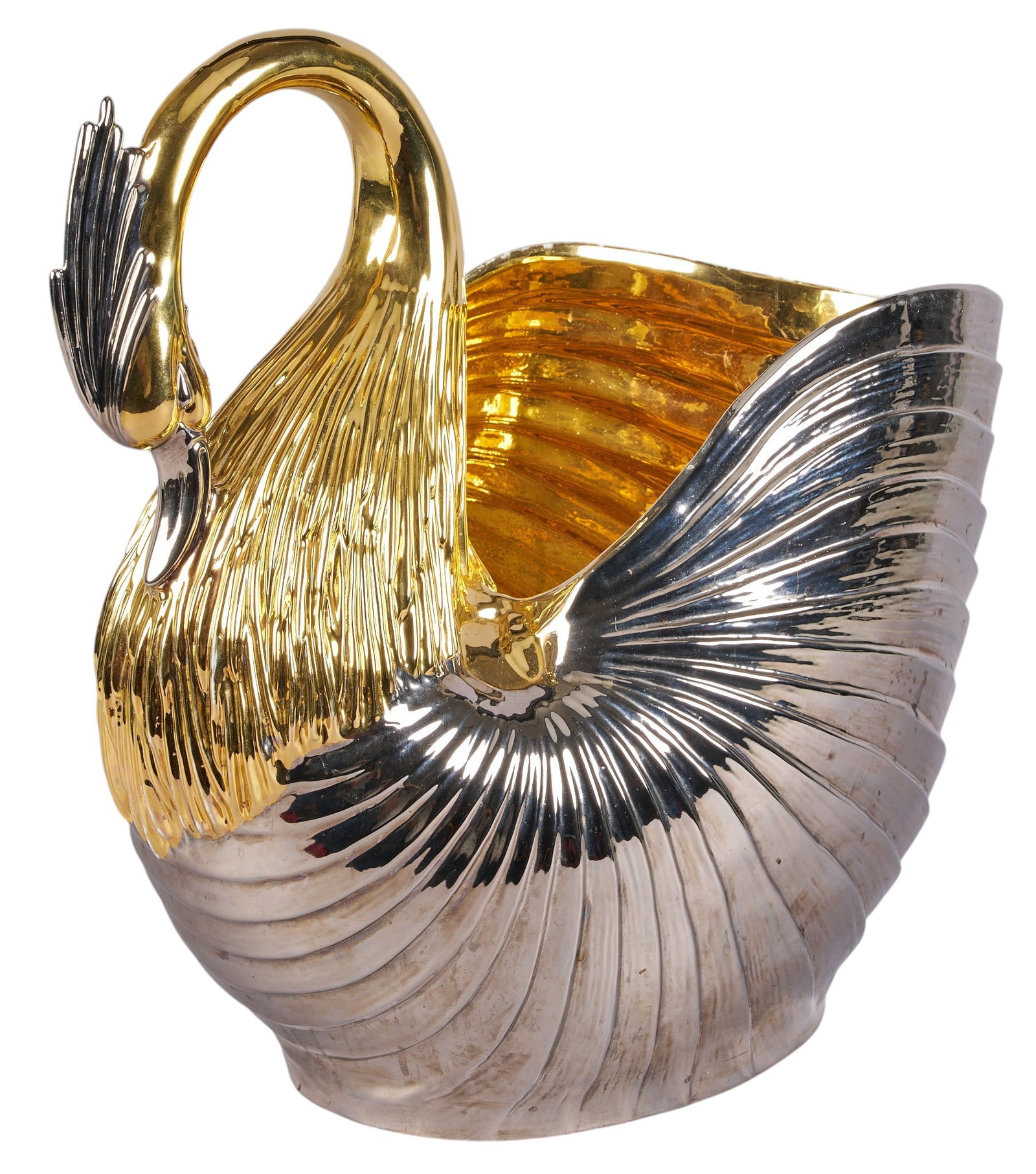 Red McCombs | The Haldon Group, Metallic Porcelain Swan: Vintage Italian porcelain swan cornucopia with gold and silver glazing, produced by The Haldon Group, dated 1984, marked on bottom height 19 in. x width 12 in. x depth 20