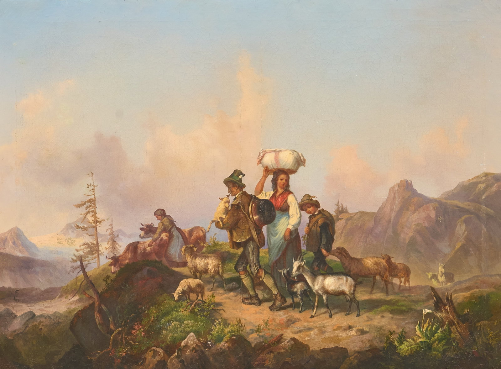 Red McCombs | Alpine Family with Livestock, 19th C.: Antique painting depicting peasant family in the mountains with cattle, goats, and sheep, oil on canvas, appears not signed, circa 19th century, some craquelure commensurate with age sight: 30 x 40 in