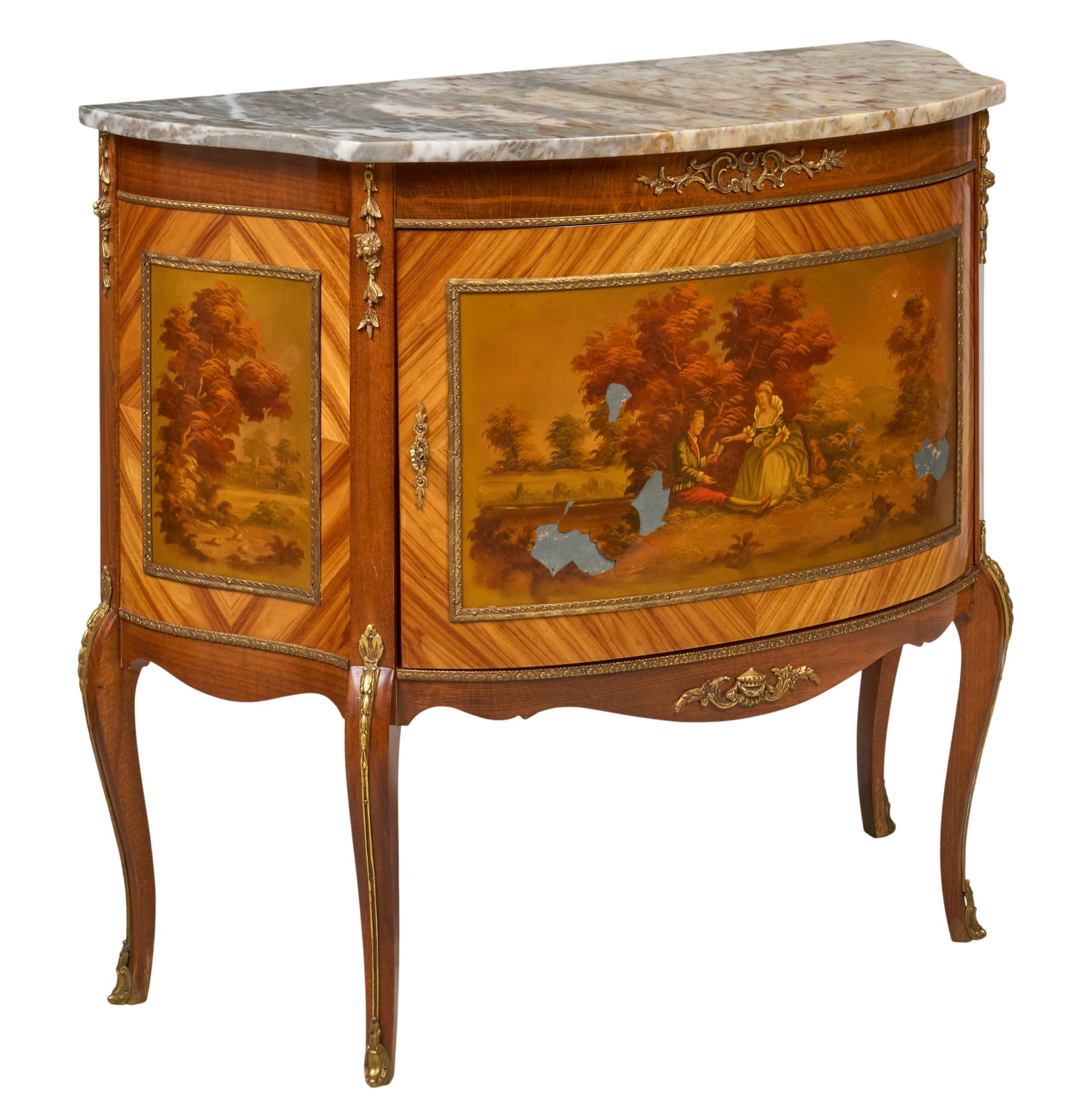 Red McCombs | French Demilune Table: Continental Louis XV style marquetry demilune cabinet, shaped marble top with parquetry and kingwood-style veneer case, door and side panel inset with painted romantic landscape scenes, ormolu