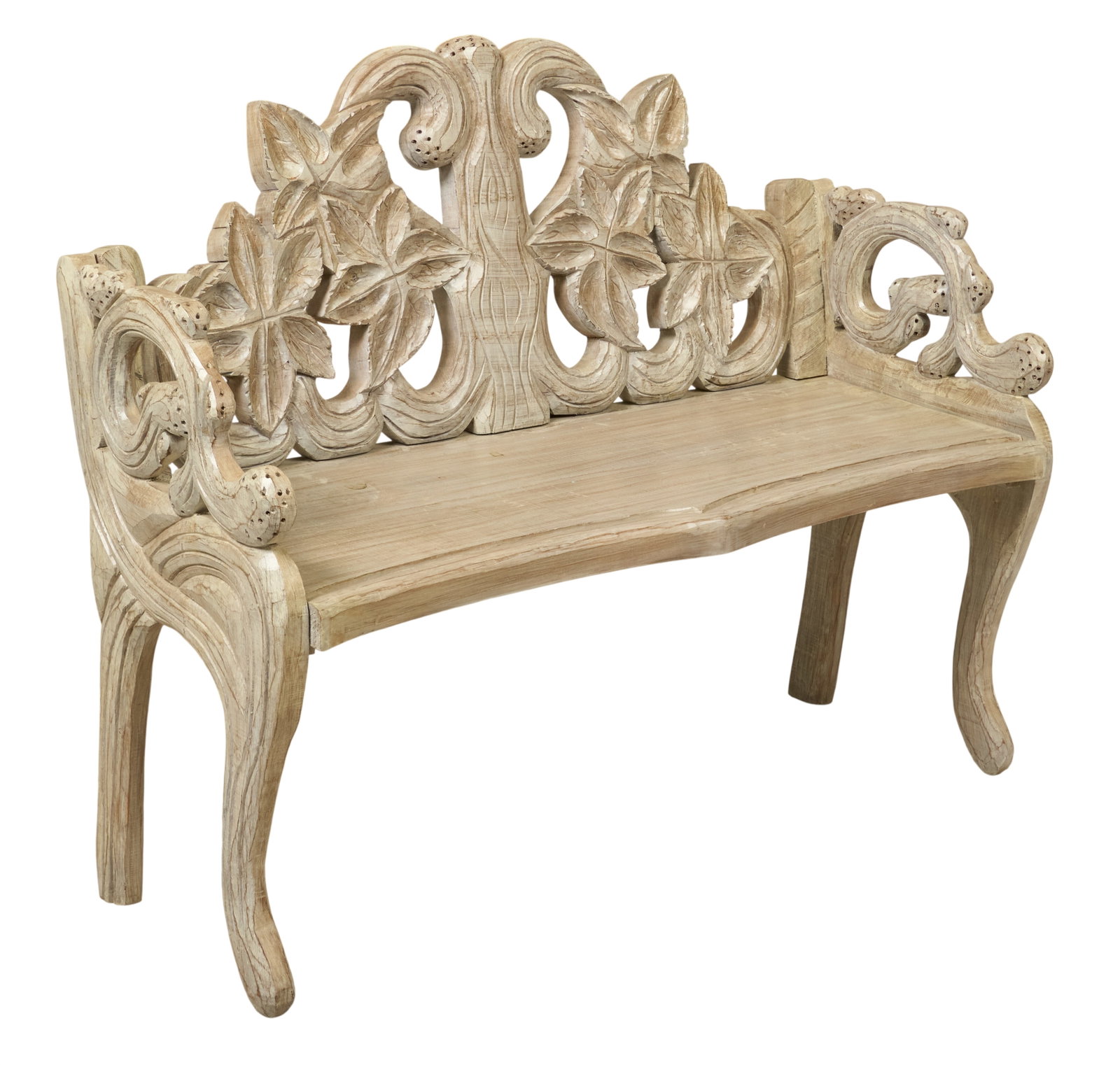 Red McCombs | Vintage Carved Garden Bench: Carved wooden garden bench, Baroque style, with floral motifs and white-wash finish height 35 in. x width 42.5 in. x depth 17 in. Provenance: Property from the personal estate collection of