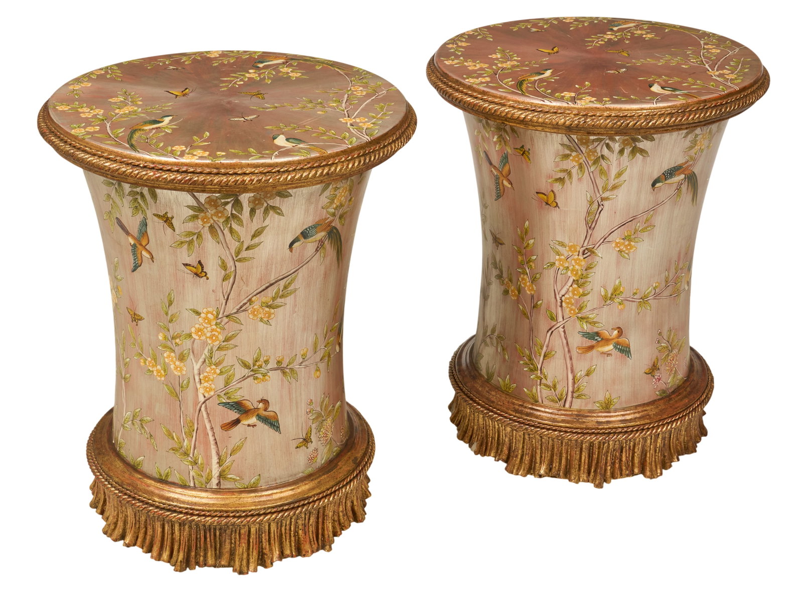Red McCombs | Pair of Chinoiserie Style Pedestals: Pair of French chinoiserie style side tables with painted floral and avian motifs height 26 in. x width 21 in. x depth 21 in. / each Provenance: Property from the personal estate collection of