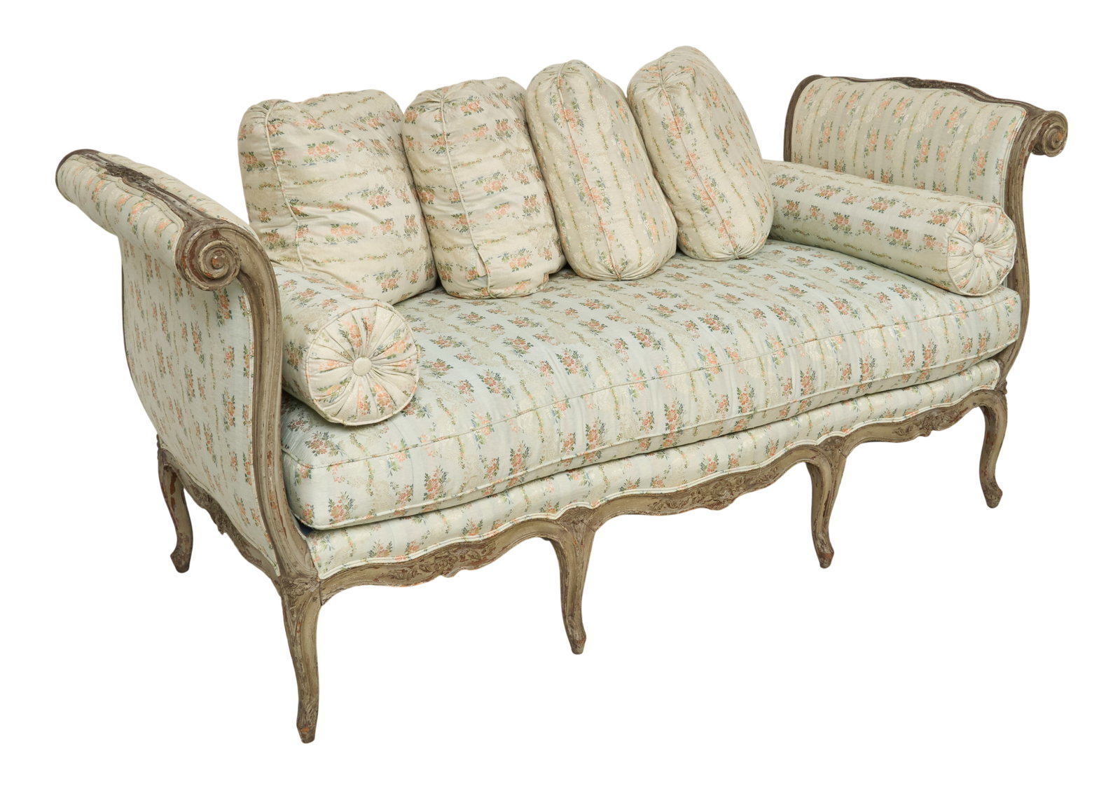 Red McCombs | Vintage Louis XV Style Settee: Louis XV style carved and painted sofa, serpentine frame, with plush cushions, and high sides, decorated with distressed paint finish, cabriole legs height 37 in. x width 77 in. x