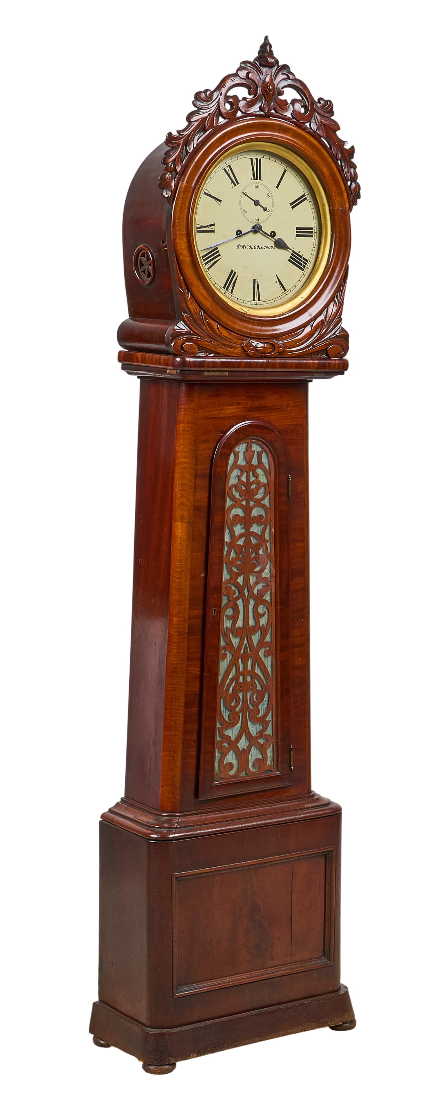 Red McCombs | Scottish Victorian Grandfather Clock: Scottish Victorian grandfather clock, with openwork design on trunk, marked "McNicol Colquhoun" on face, circa 1850, with pendulum and weights included height 83.5 in. x width 22