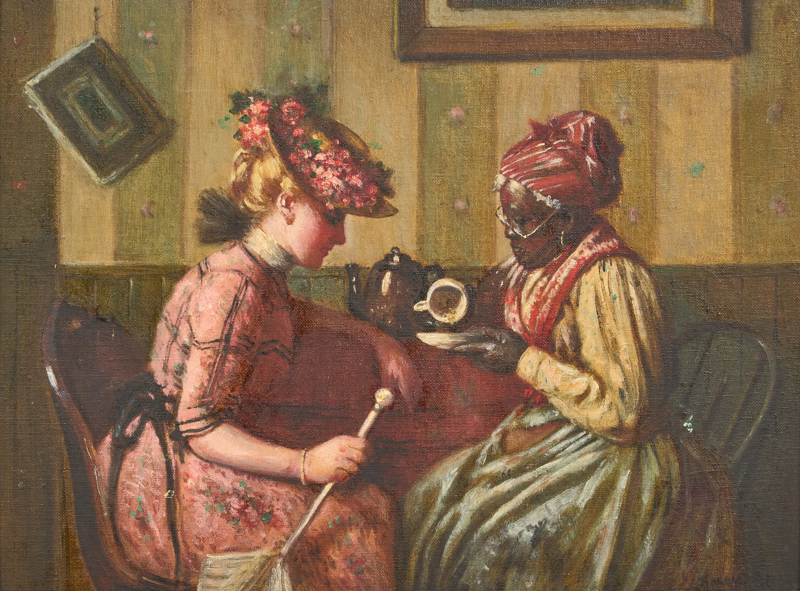 Red McCombs | Harry Roseland, Reading Tea Leaves: Harry Roseland (Amer., 1866/68-1950), two women in an interior, reading the tea leaves, one of Roseland's most common and iconic subjects; oil on canvas panel, signed lower right, with tag