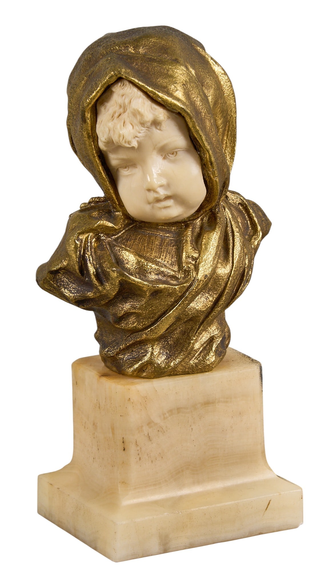 Red McCombs | D. Alonzo, Portrait Bust: Dominique Alonzo (France, active 1910-1930), portrait bust of a young child, mixed media including bone and brass, atop stone plinth base, incised signature on the back height 8 in. x width 4