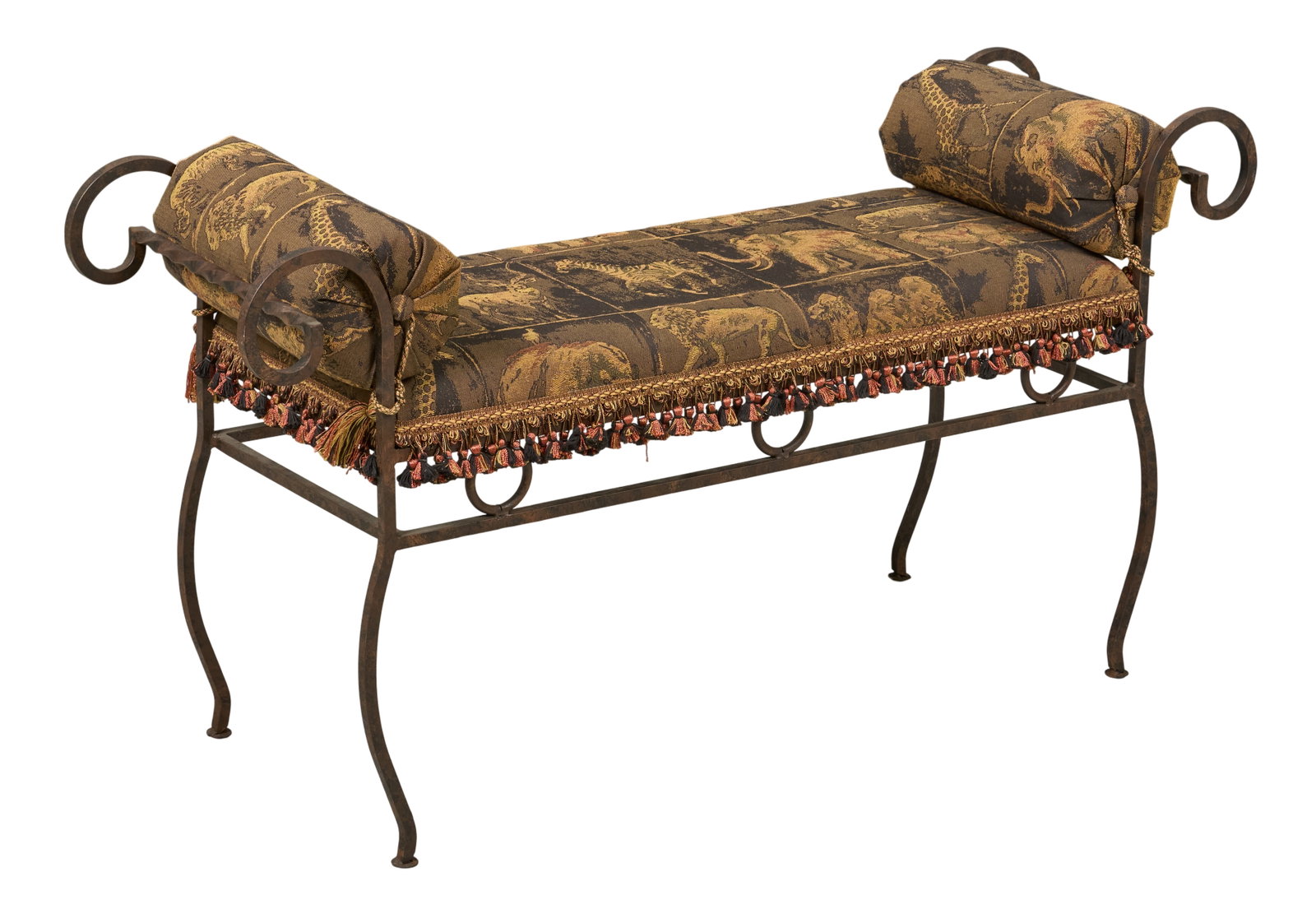 Red McCombs | Iron Bench: Vintage bench with iron frame and cushioned seat upholstered with animal print fabric height 24 in. x width 7 in. x depth 14 in. Provenance: Property from the personal estate collection of