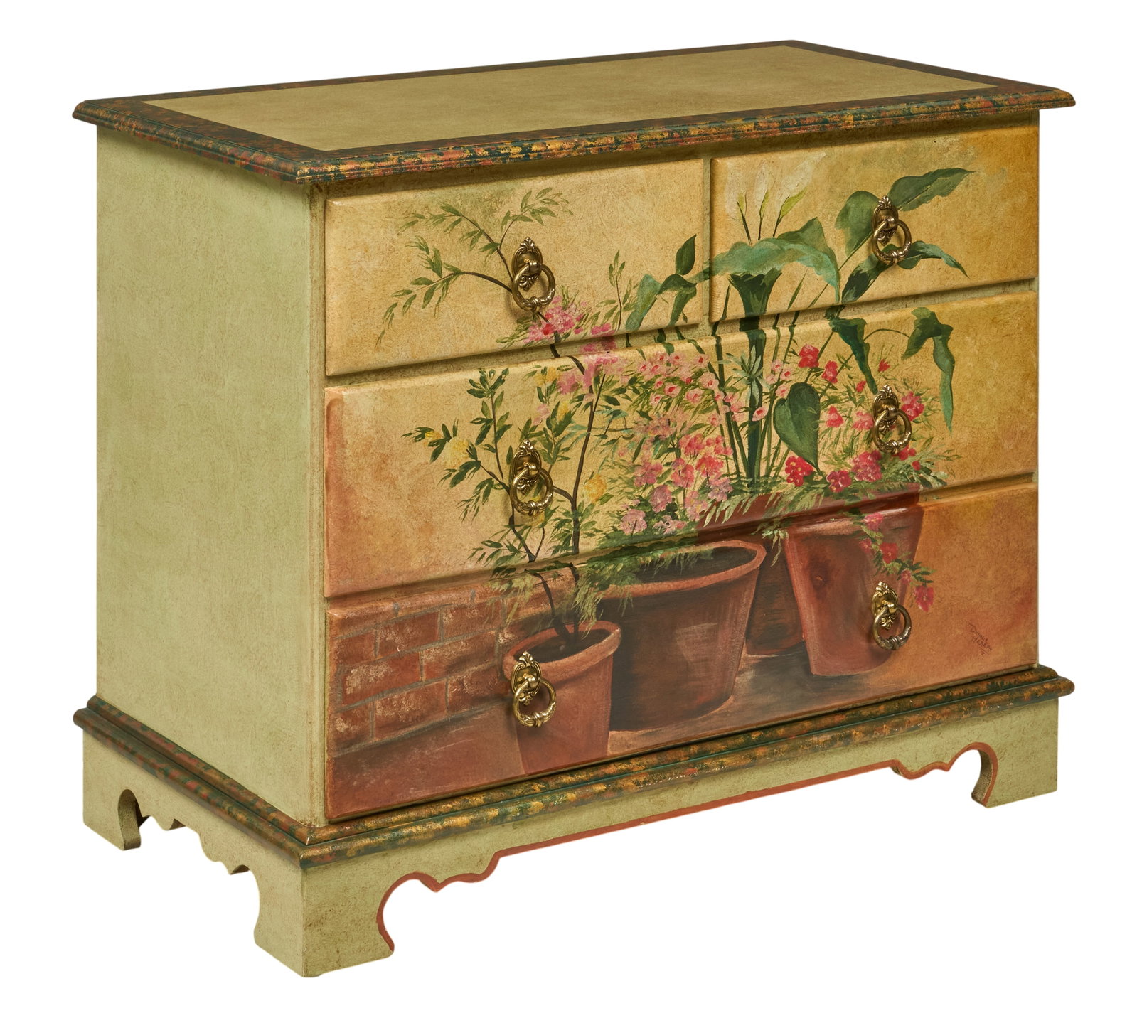 Red McCombs | Painted Dresser: Handpainted chest of drawers, antiqued finish with hand painted trompe-l'oeil decoration, two-over-two configuration, brass ring pulls, height 30 in. x width 36 in. x depth 19 in. 
