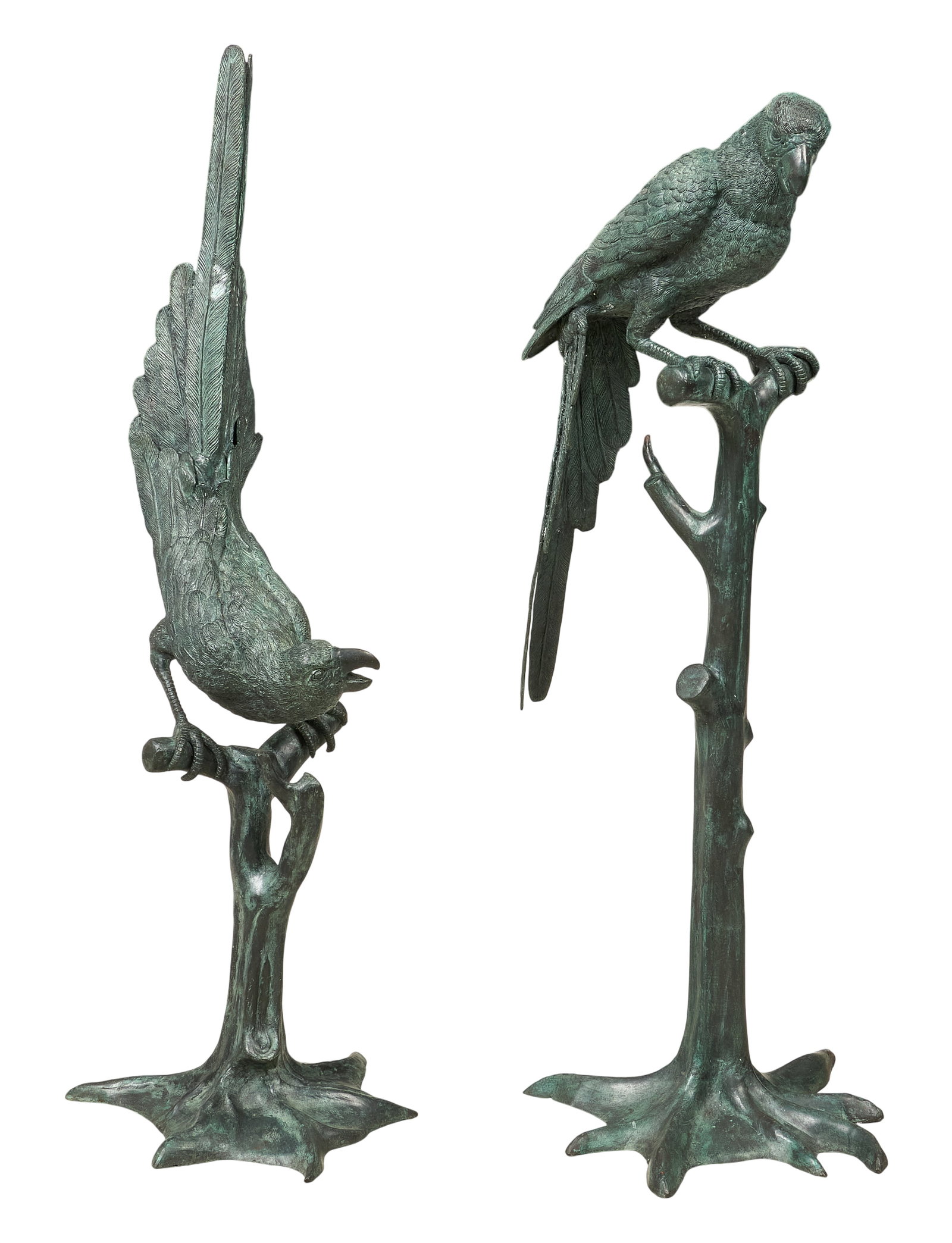 Red McCombs | Maitland Smith, Bronze Parrots: Pair of Maitland Smith bronze parrot sculptures, marked with golden sticker label height 52 in. x width 20 in. x depth 16 in. / tallest Provenance: Property from the personal estate collection