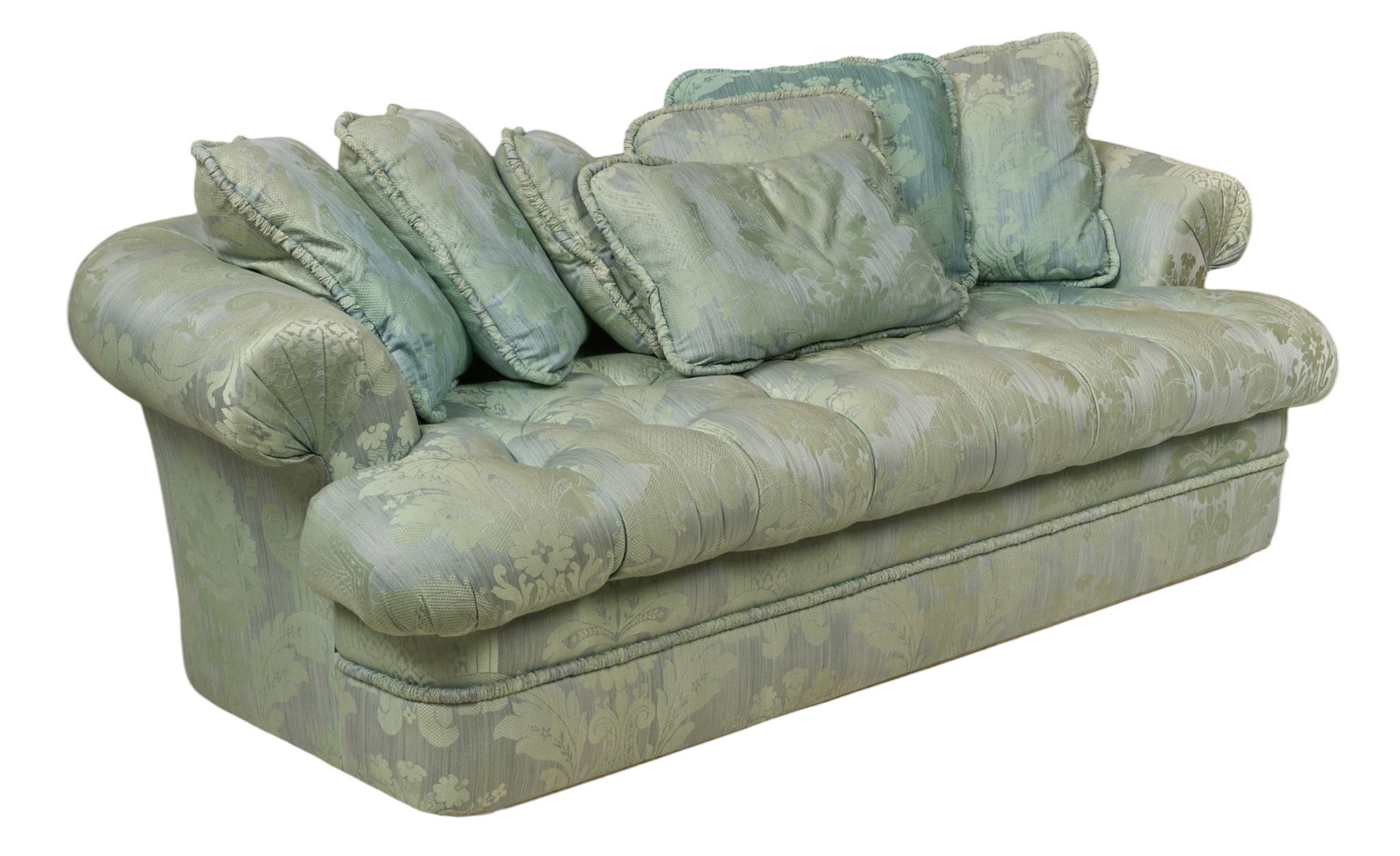 Red McCombs | Damask Sofa: Pale blue and white damask print sofa with plush tufted seat and throw pillows height 28 in. x width 87 in. x depth 42 in. Provenance: Property from the personal estate collection of iconic