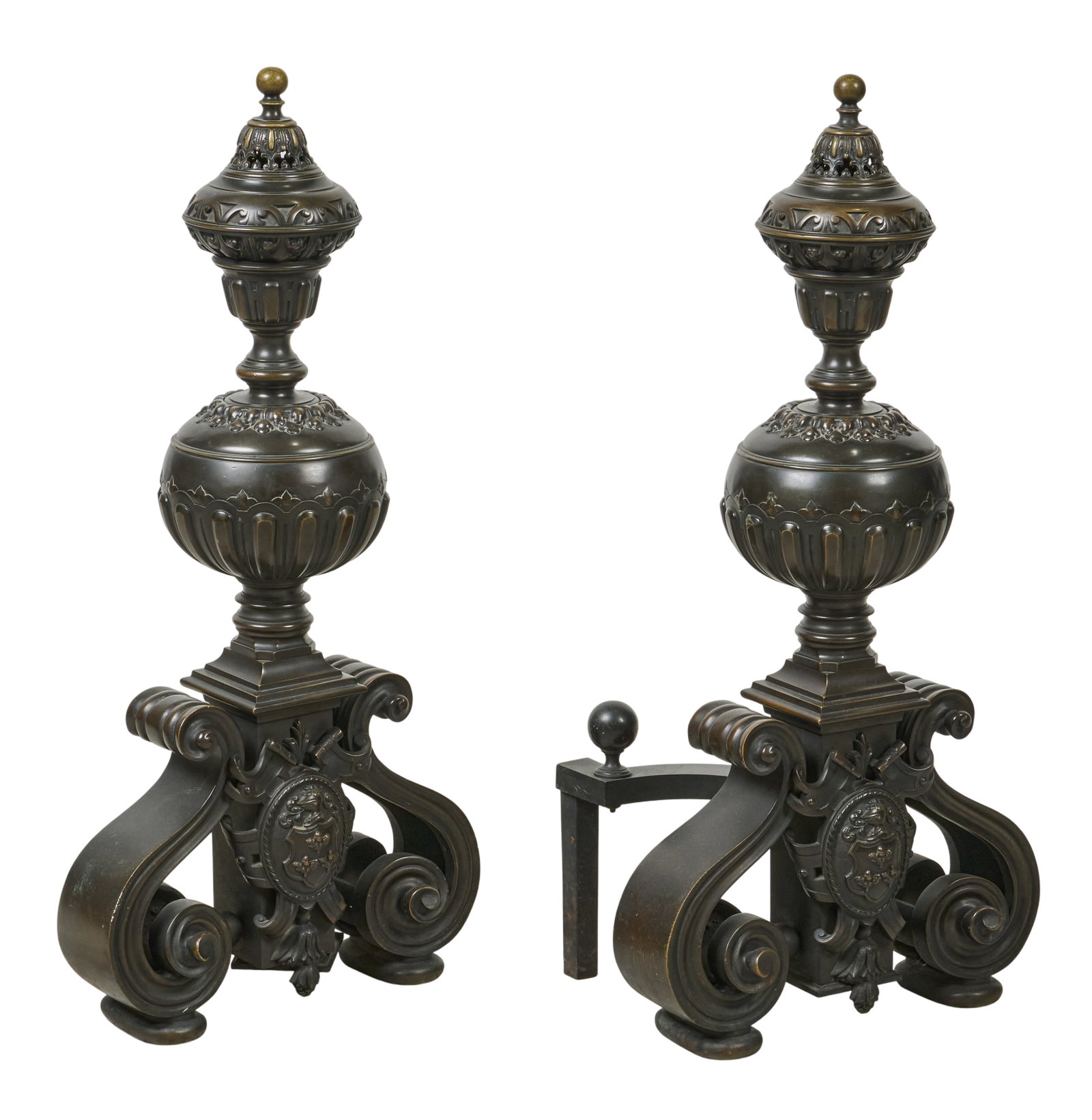 Red McCombs | Pair of Impressive Large Andirons: Pair of impressive large andirons with scrolled decoration height 37 in. x width 18 in. x depth 14 in. / each Provenance: Property from the personal estate collection of iconic Texas