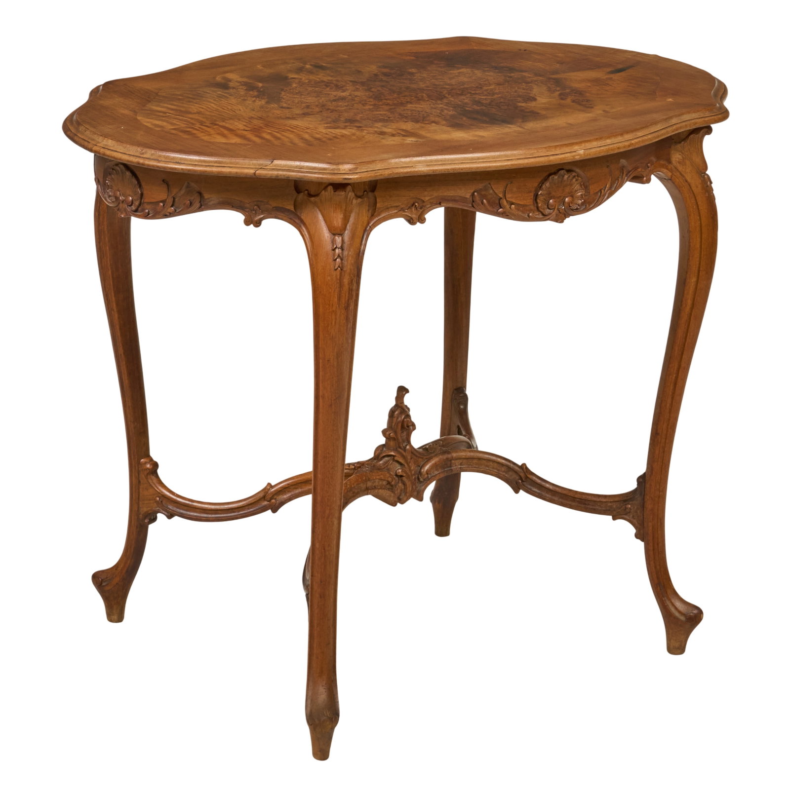 Red McCombs | Louis XV Style Turtle Top Center Table: Antique Louis XV style center table with inlaid turtle top, with decoratively carved apron and sinuous stretcher, circa late 19th-to-early-20th century height 28 in. x width 35.5 in. x