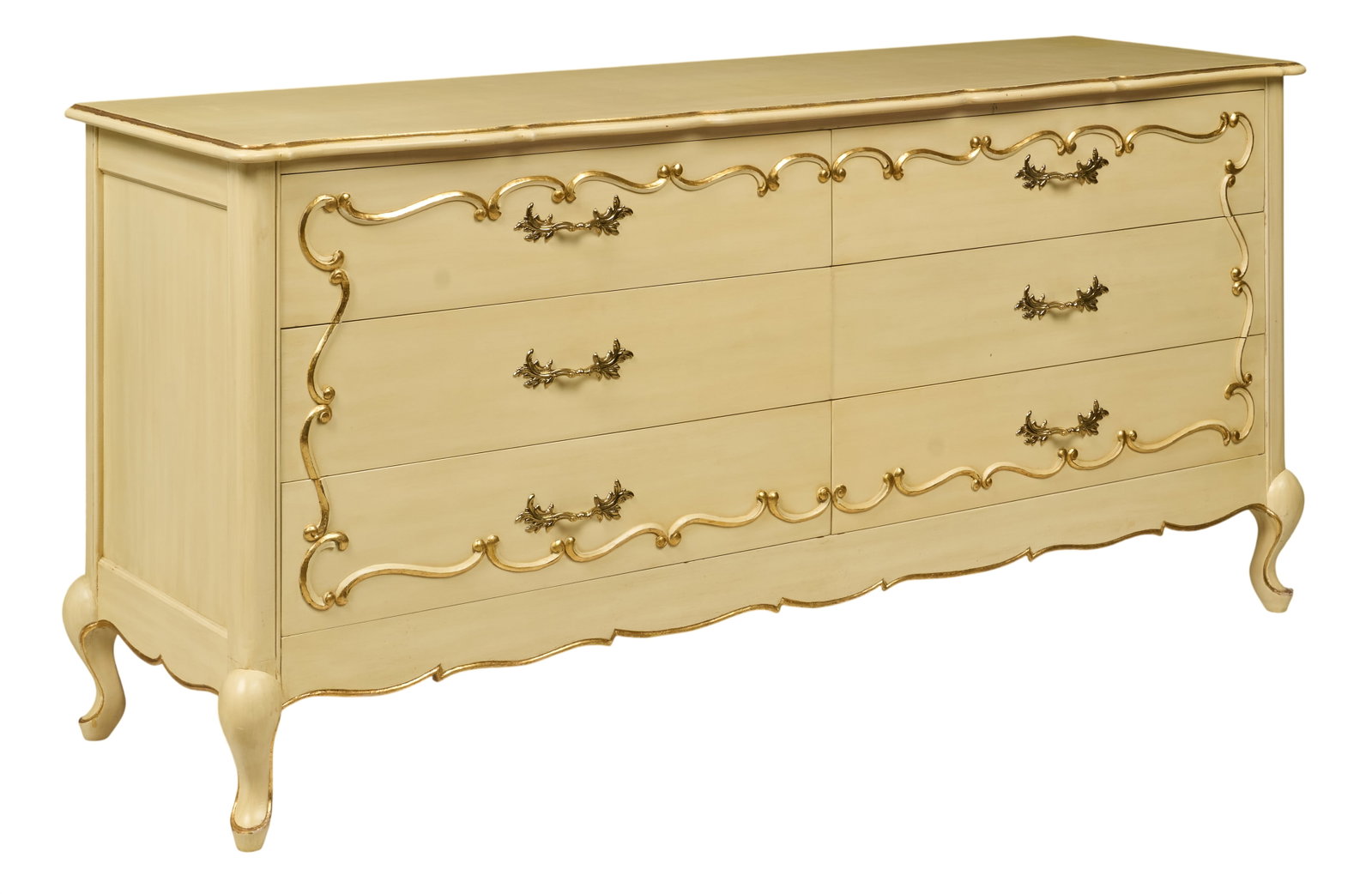 Red McCombs | French Provincial Style Dresser: French Provincial style cream dresser with gold trim and brass pulls, supported on cabriole legs height 32 in. x width 68 in. x depth 21 in. Provenance: Property from the personal est