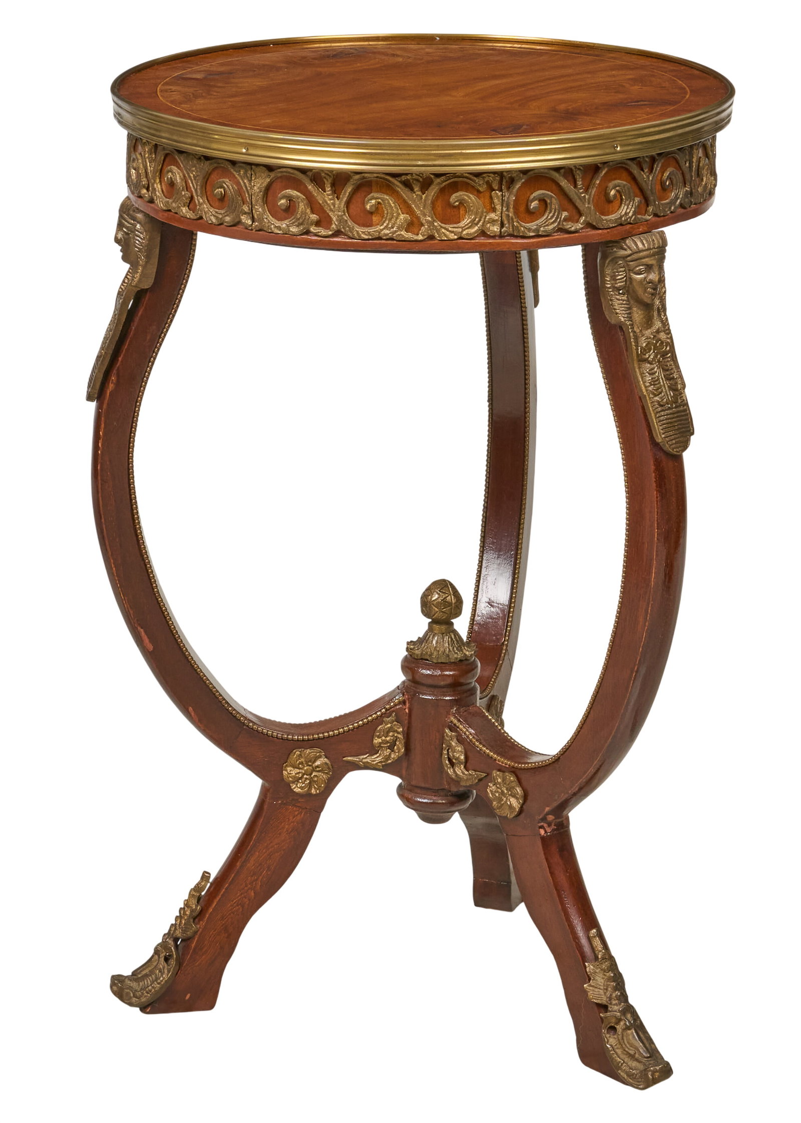 Red McCombs | Vintage French Empire Style Guerdion: Vintage French Empire style gueridon with gilt ormolu, and figural Egyptian bust motifs on legs, circa 20th century height 31 in. x width 19.5 in. x depth 19.5 in. Provenance: Property from the 