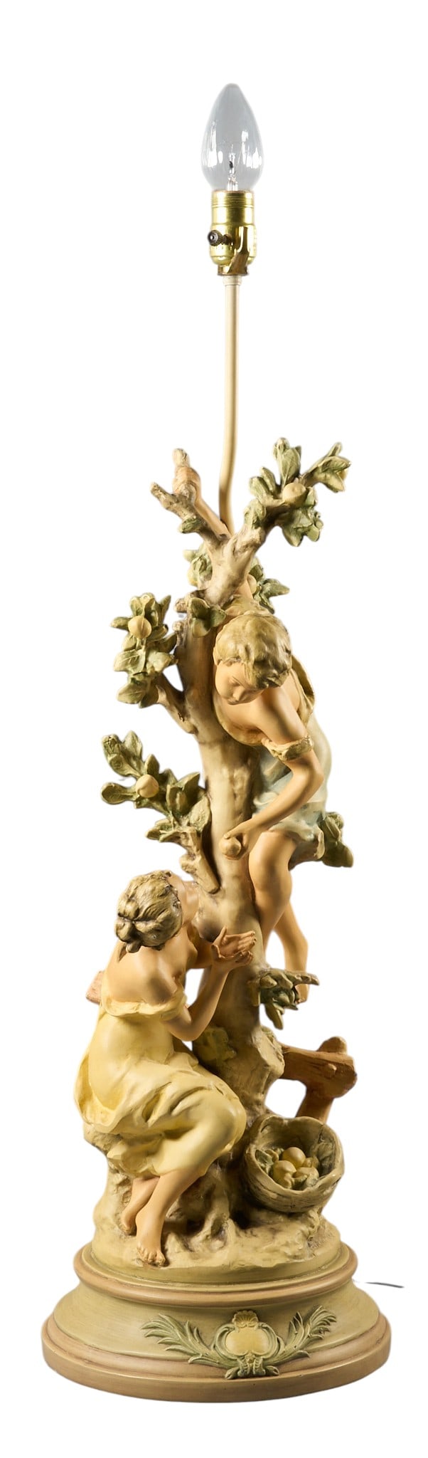 Red McCombs | J.B. Hirsch Figural Lamp: J. B. Hirsch figural chalkware lamp, features reissue of L. & F. Moreau figural statue as base, in working condition height 35 in. x width 11 in. x depth 11 in. 