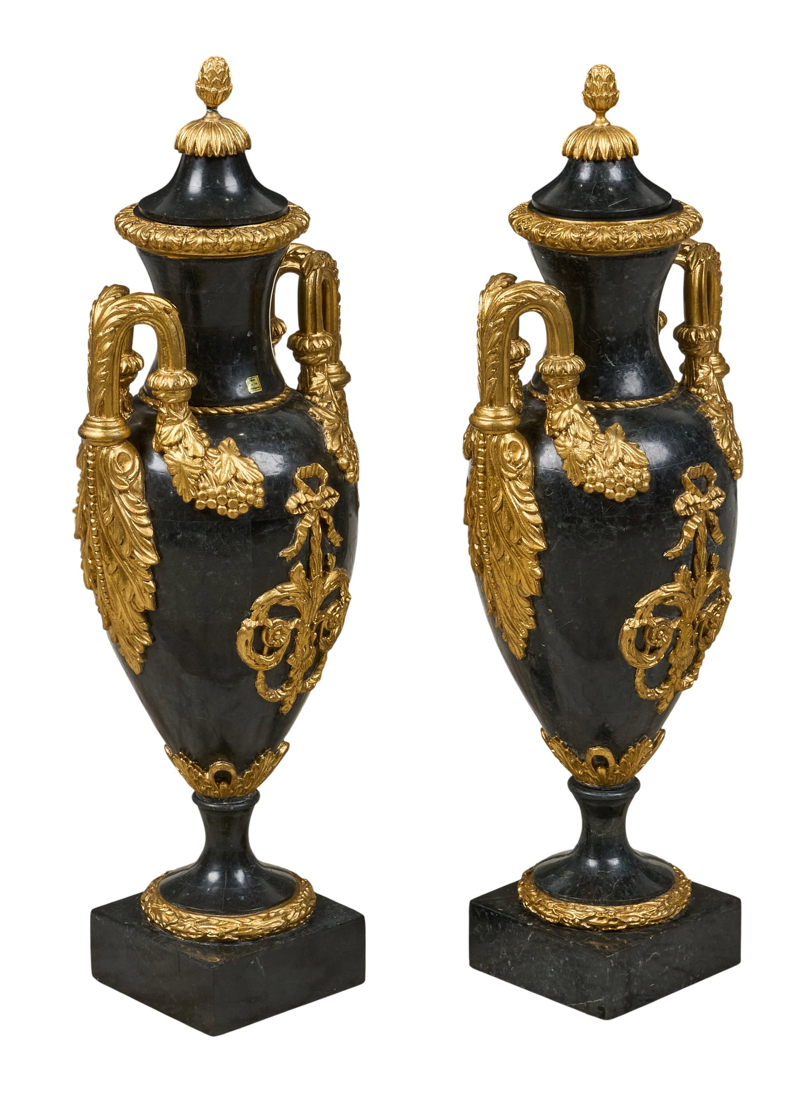Red McCombs | Pair of Louis XVI Style Black Urns: Pair of Louis XVI style black stone urns, with ormolu mounts, on square base height 32 in. x width 11.5 in. x depth 9 in. / each Provenance: Property from the personal estate collection of iconic