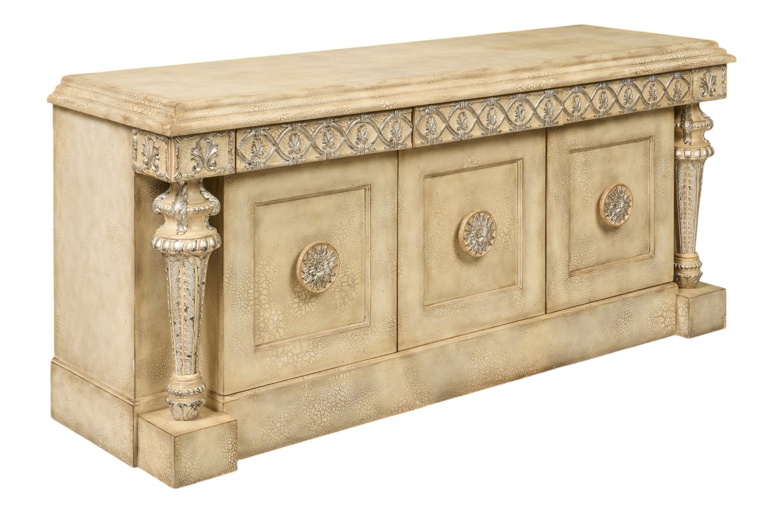 Red McCombs | Old-World Style Buffet: Buffet featuring old-world European design decorated with textured crackle lacquer finish, and decorative column pillars, drawer and cabinet storage, circa 21st century height 32 in. x width 72
