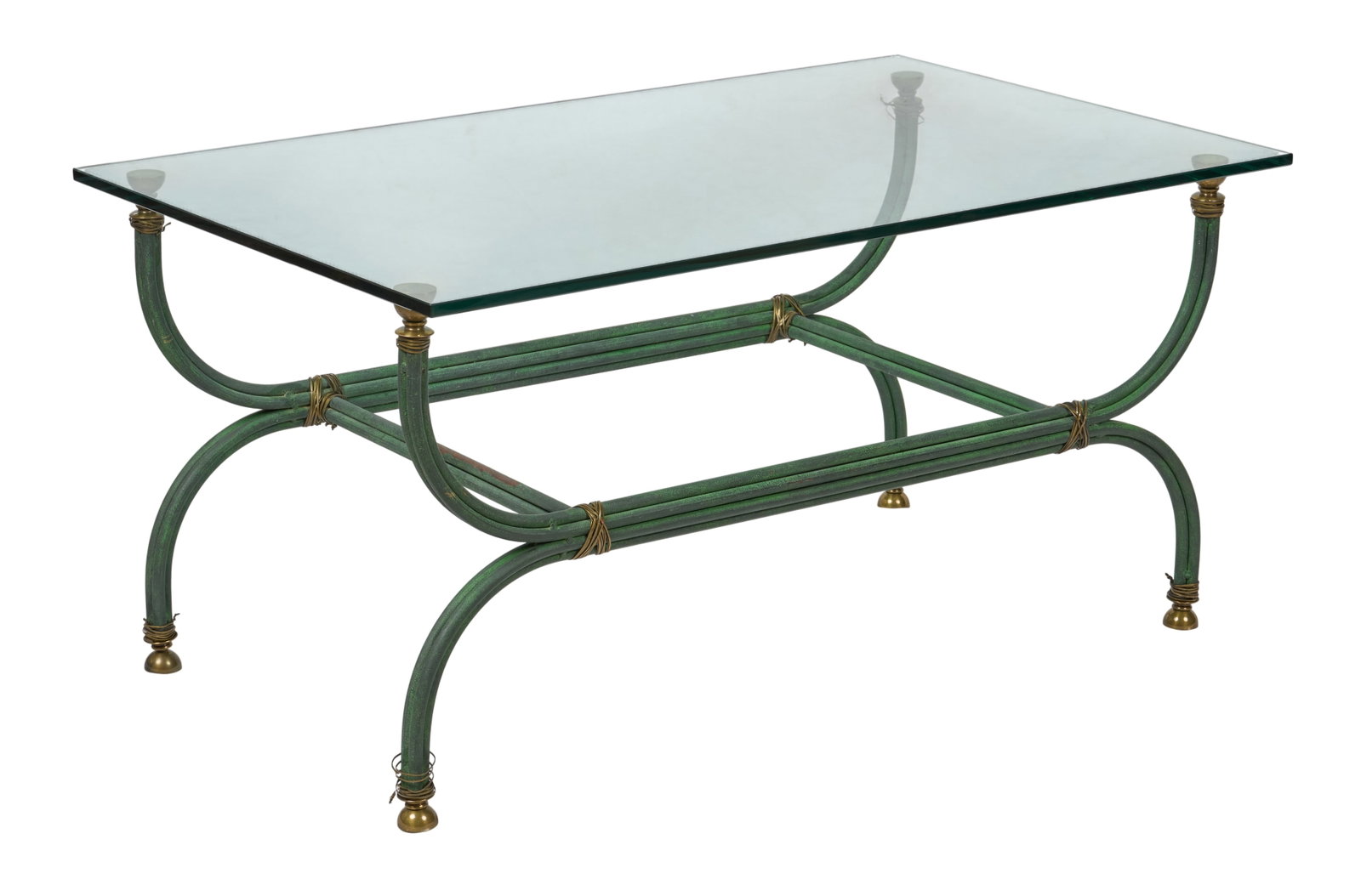 Red McCombs | Vintage Hollywood Regency Style Coffee Table: Vintage Hollywood Regency style coffee table with glass top and painted iron base height 20 in. x width 42 in. x depth 24 in. Provenance: Property from the personal estate collection of