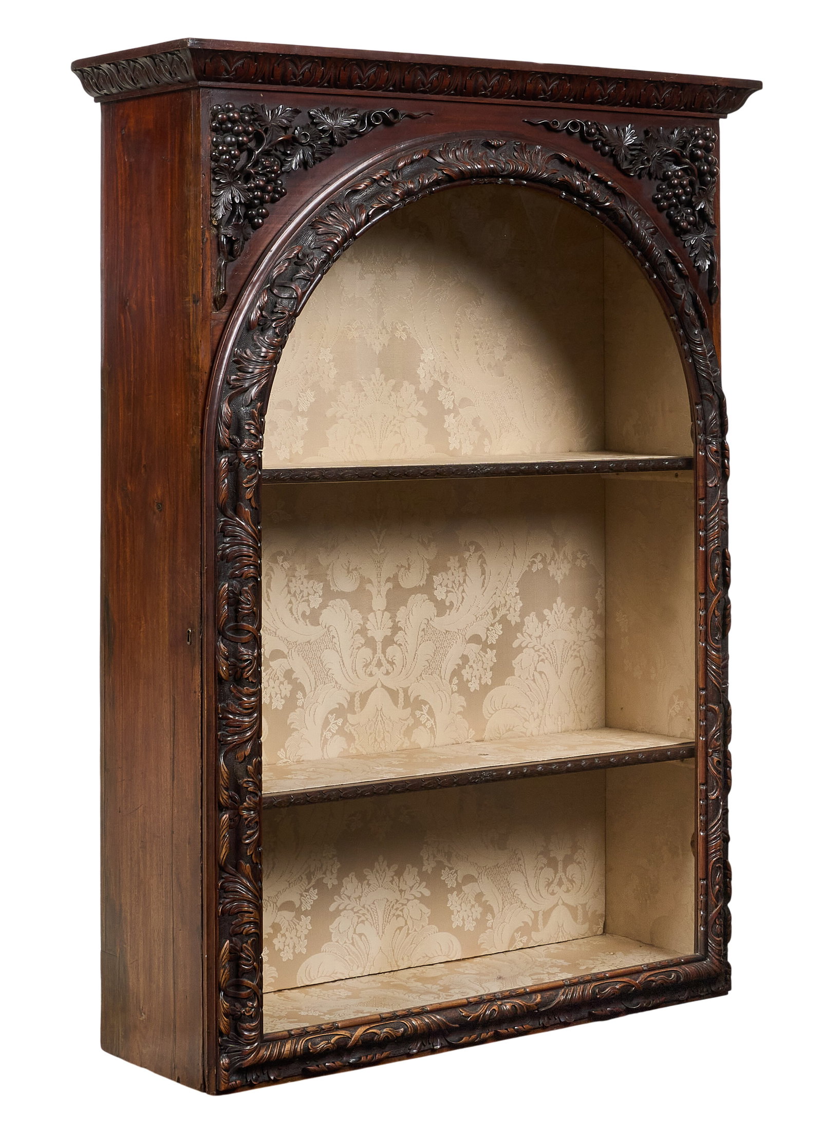Red McCombs | Hanging Wall Cabinet: Hanging wall cabinet, with glass-front door opening to two interior shelves, carved wooden frame, and damask style wallpaper interior height 54 in. x width 38 in. x depth 15 in. Provenance: