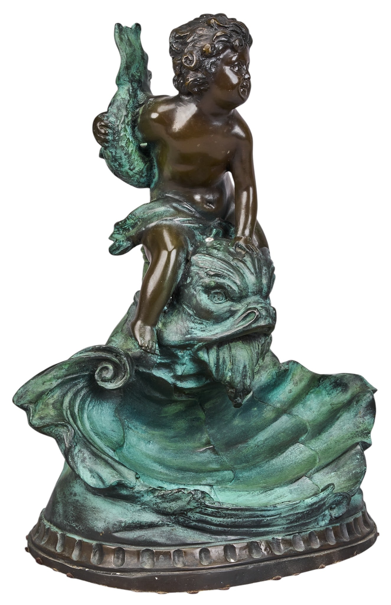 Red McCombs | Classical Fountain after Sylvain Kinsburger: After Sylvain Kinsburger (France, 1855-1935), cherub astride stylized Florentine dolphin, recast bronze sculpture, incised signature on the verso height 20 in. x width 15 in. x depth 11 in.