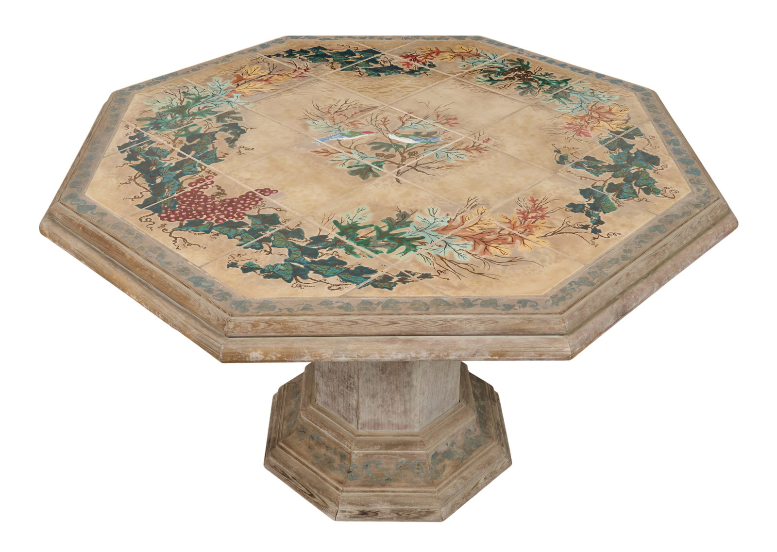 Red McCombs | Vintage Painted Tile Table: Vintage Italian octagonal dining table with painted ceramic tile inlay featuring floral motifs, supported on faceted pedestal base height 31 in. x width 46.5 in. x depth 46.5 in. Provenance