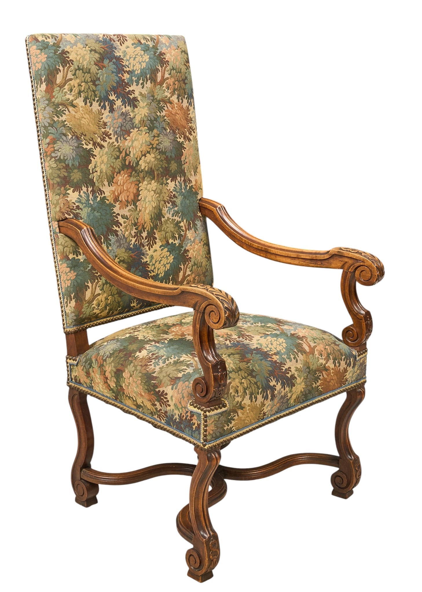 Red McCombs | Louis XIII Armchair: Vintage Louis XIII style hall throne chair with high-back, carved frame, and botanical print upholstery with metal nail trim height 48.5 in. x depth 24.5 in. x depth 30 in. Provenance: Property