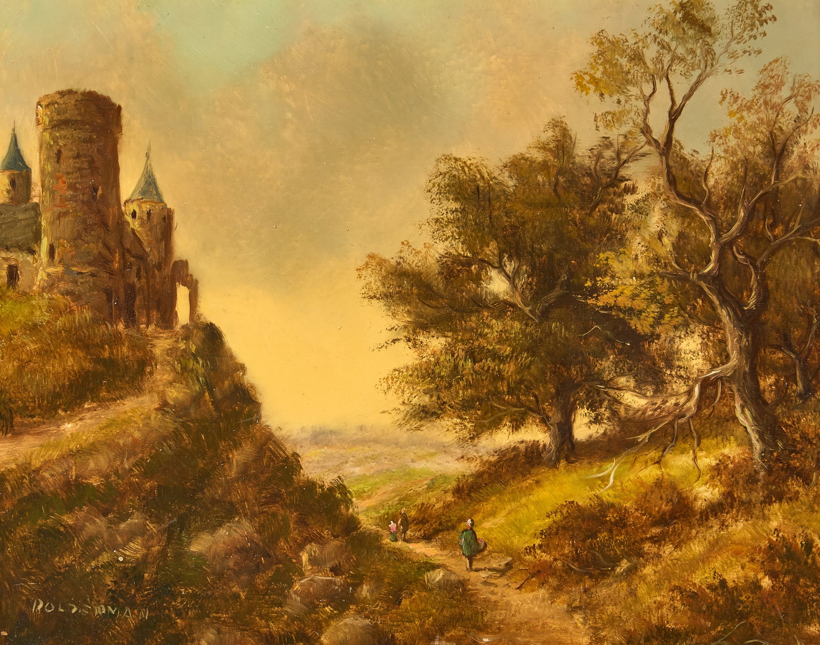 Red McCombs | Willem Polderman, Landscape with Castle: Willem Polderman (The Netherlands, 1913-1983), landscape with castle on a hill, oil on wood panel, signed lower left sight: 8 x 10 in., frame: 12.5 x 14.5 in. Provenance: Property from the personal