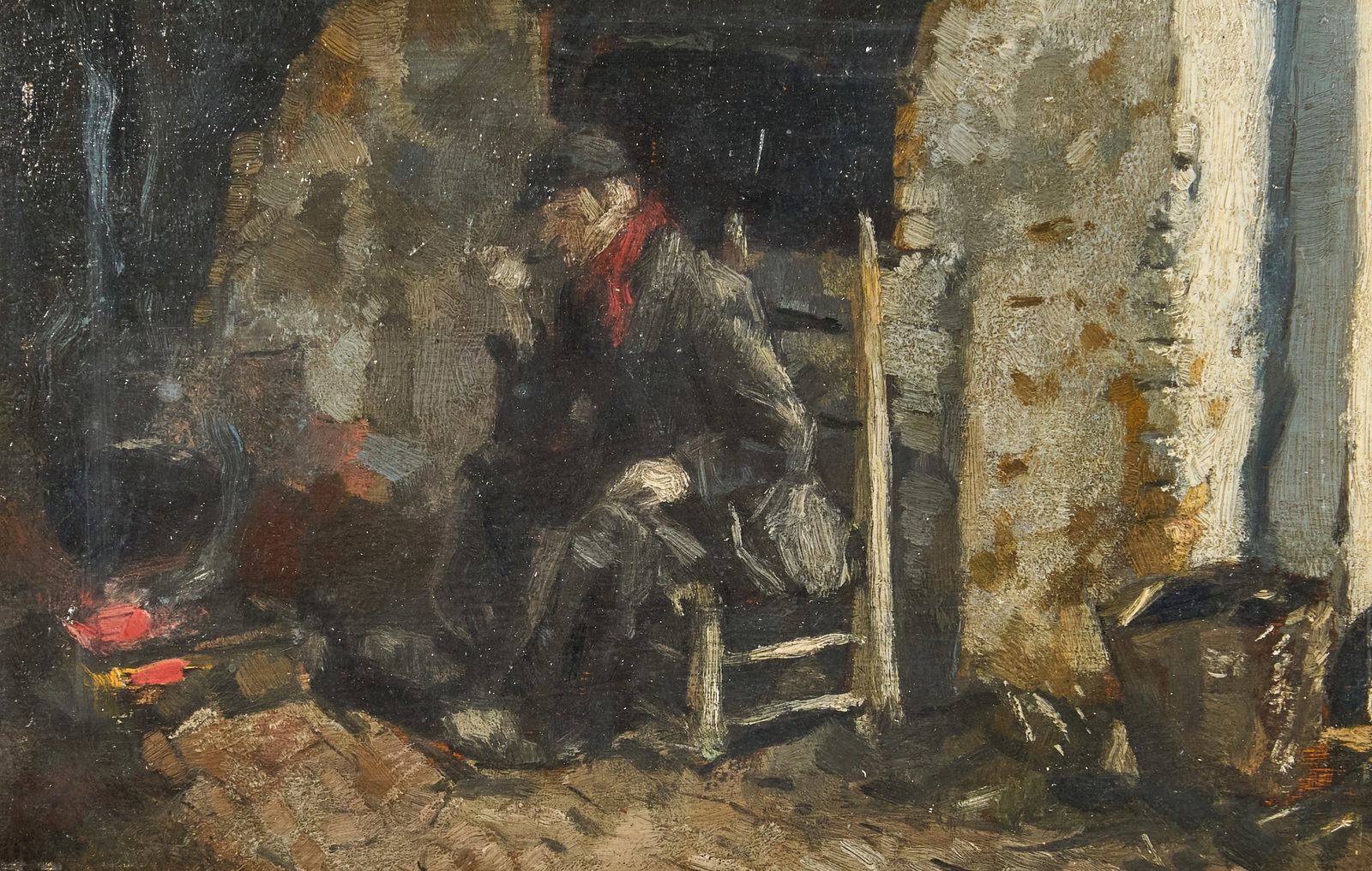 Red McCombs | Charles van Beveren, Old Man at Hearth: Charles van Beveren (Belgium, 1809-1850), interior scene with old man at hearth, oil on wood panel sight: 5.5 x 8 in., frame: 15.5 x 18.5 in. Provenance: Property from the personal estate co
