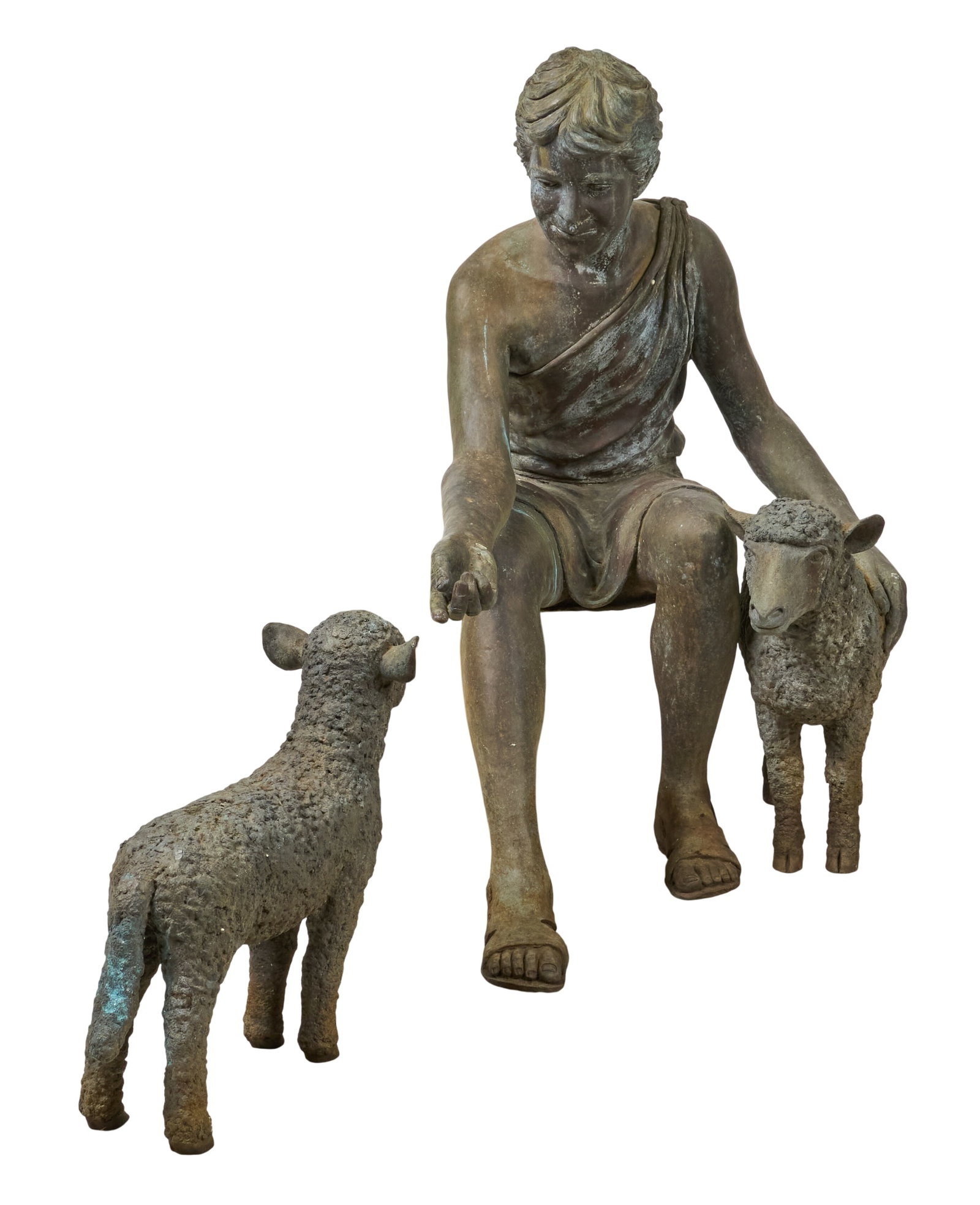 Red McCombs | Near Life-Size Shepherd with Lambs Bronze: Cast bronze near life-size multi-figural bronze sculpture depicting boy and lambs, no signature located but likely from Sherman Tipton Coleman's series of Biblical shepherd sculptures, other 