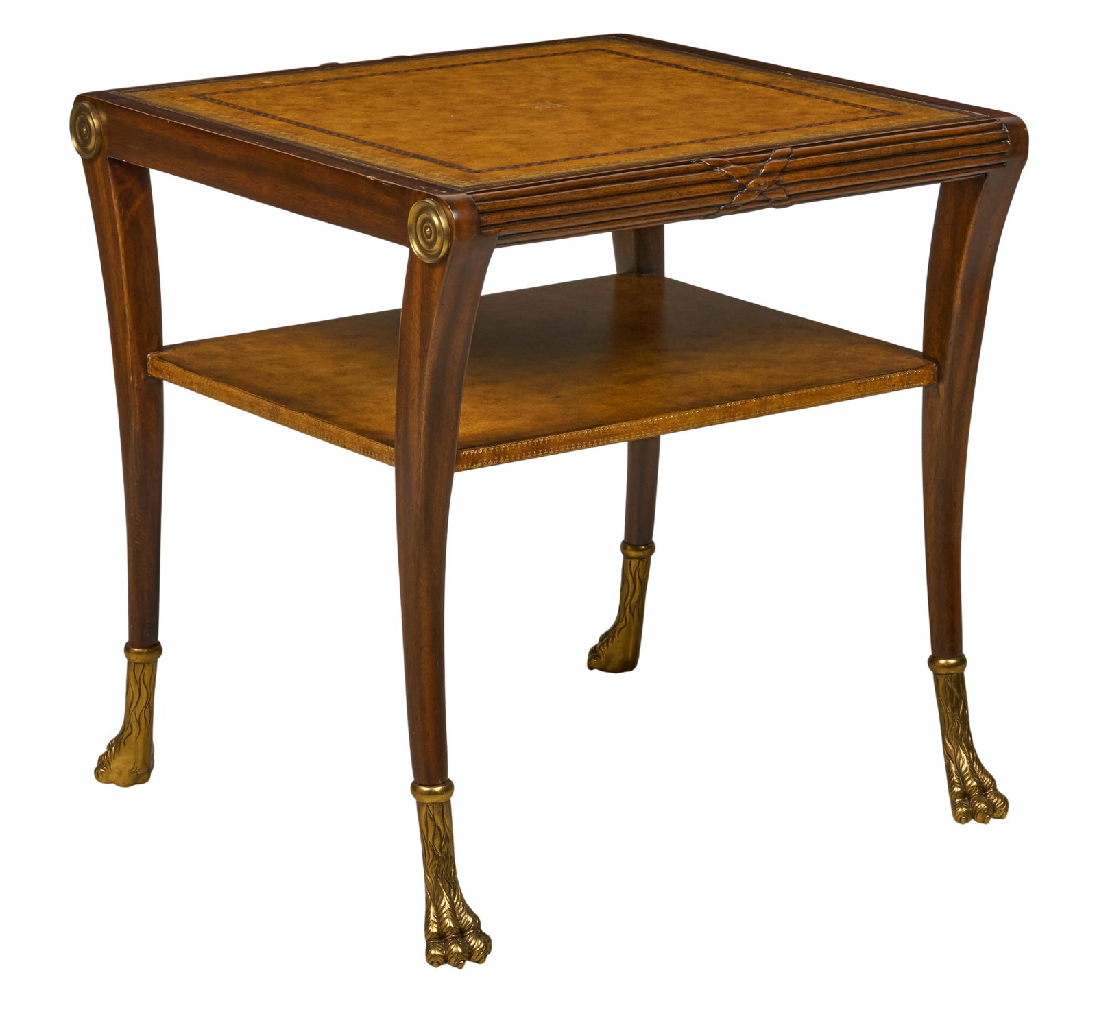 Red McCombs | Maitland Smith, Regency Style Side Table: Vintage Maitland Smith Regency style side table with leather top, and brass lion paw feet, circa 1970s height 26 in. x width 27 in. x depth 24 in. Provenance: Property from the personal estate collect