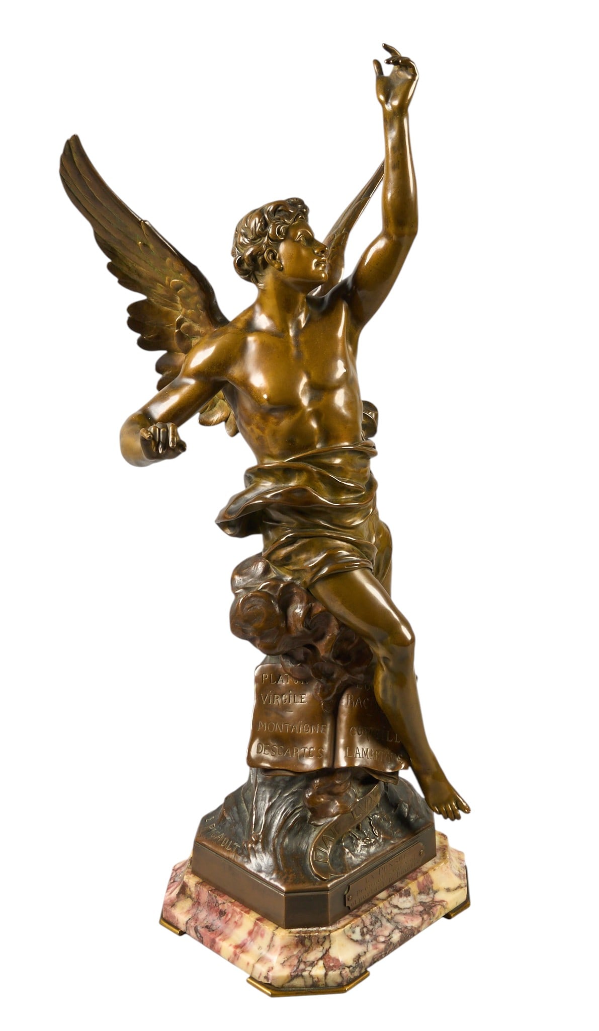 Red McCombs | Allegorical Bronze after Emile Picault: After Emile Louis Picault (France, 1833-1915), "La Pensee", allegorical bronze sculpture of male figure signifying "Thought", with names of important Classical and French thin
