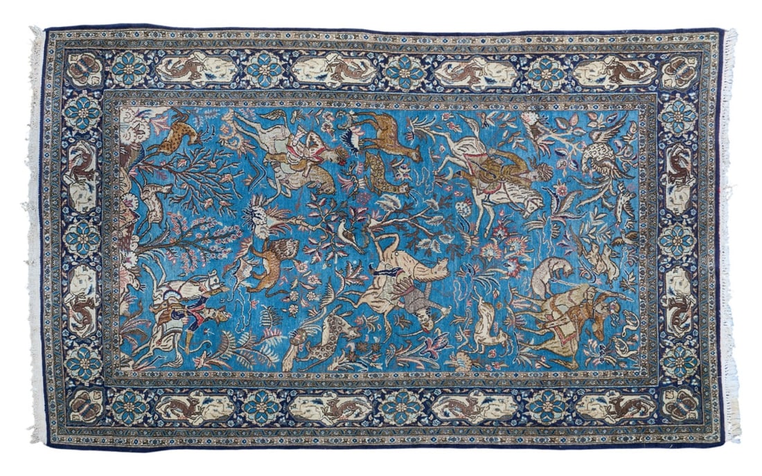 Red McCombs | Hand-Knotted Persian Rug, 7 ft. 8 in. x 4 ft. 7 in.: Hand-knotted Persian rug, featuring hunting scene design 7 ft. 8 in. x 4 ft. 7 in. Provenance: Property from the personal estate collection of iconic Texas businessman, civic leader and phi