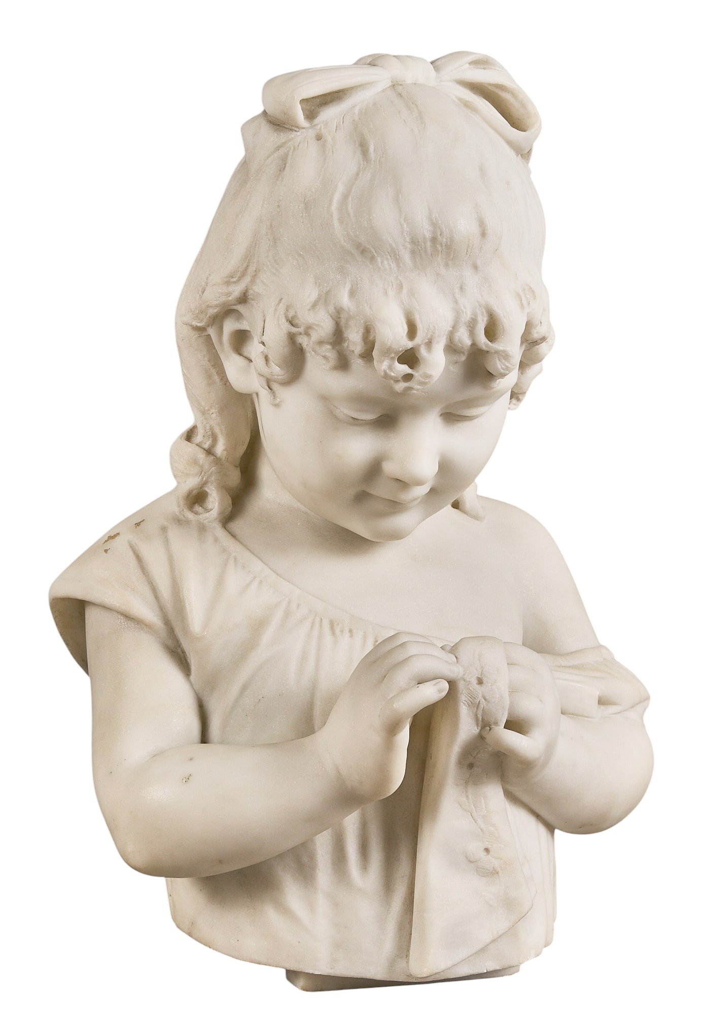Red McCombs | Cesare Lapini, Marble Sculpture: Cesare Lapini (Italy, 1848-1893), hand carved solid marble portrait bust of a little girl, incised "C. Lapini, Firenze" (Florence) on the back height 16 in. x width 11 in. x depth 9 in.
