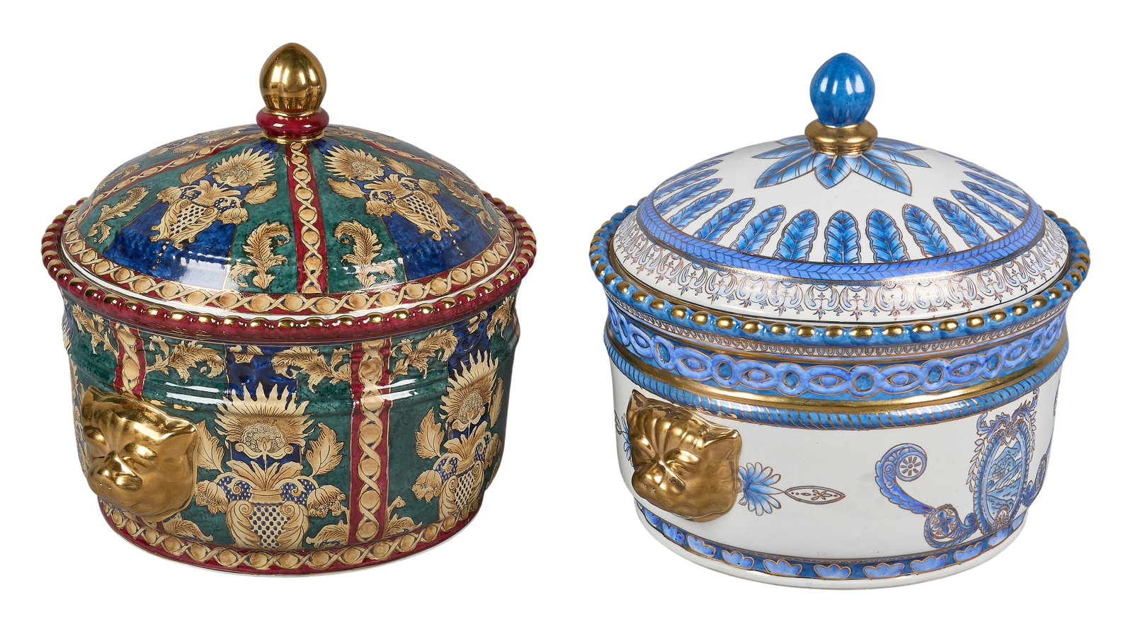 Red McCombs | Pair of Oriental Accent Covered Jars: Pair of Oriental Accent covered jars of different styles, featuring golden lion head handles, marked "For decorative purpose only" height 12.5 x width 14.5 in.x depth 13.5 in. / each 